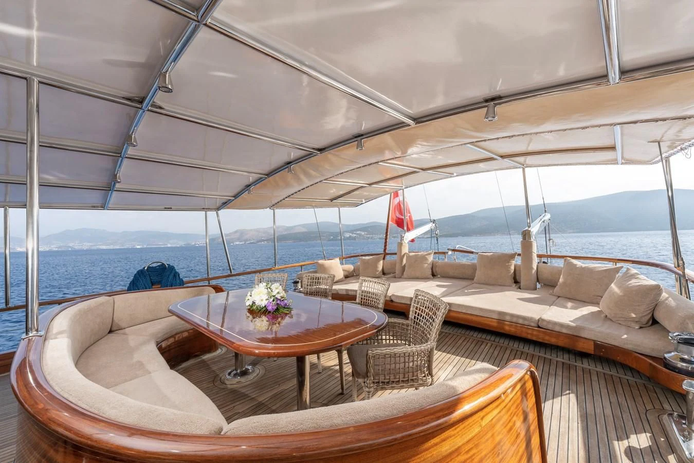 a table on a boat aboard L'ORIENT Yacht for Sale