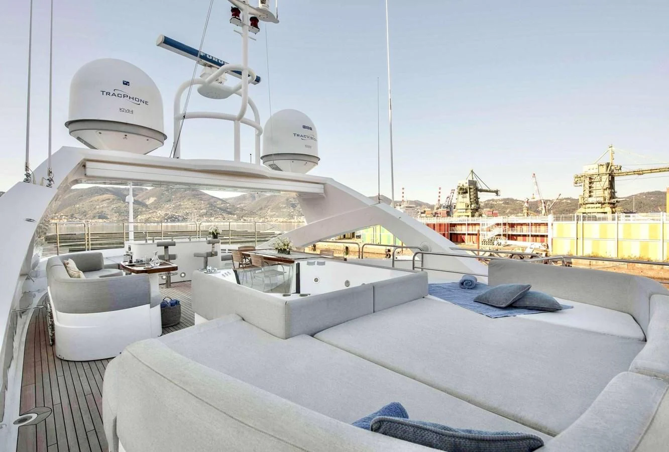 a large white boat with a satellite on it aboard TAYRONA Yacht for Sale