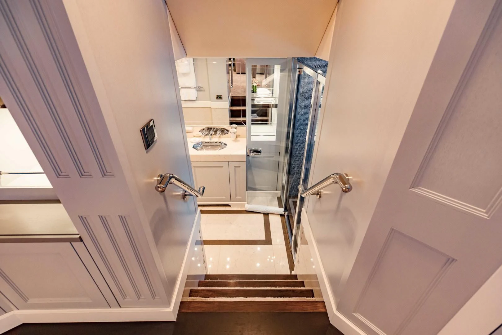 a bathroom with a sink and a shower aboard TAYRONA Yacht for Sale