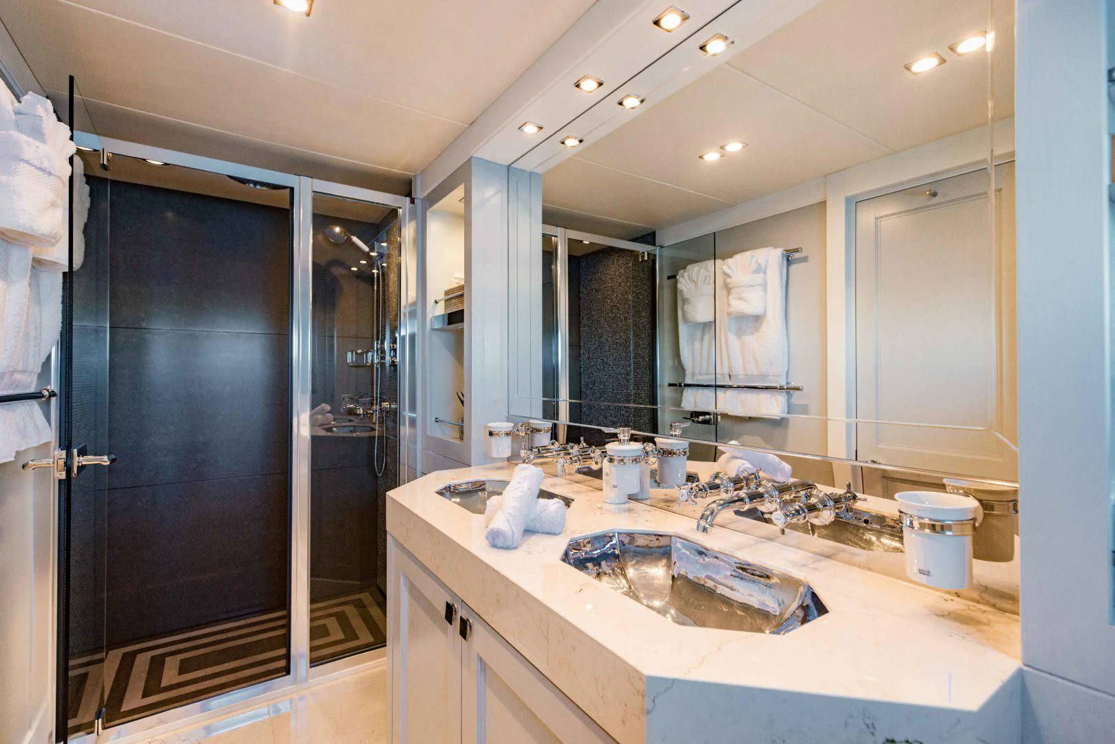 a bathroom with a large countertop aboard TAYRONA Yacht for Sale