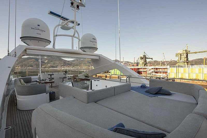a large white boat with a satellite dish on it aboard TAYRONA Yacht for Sale