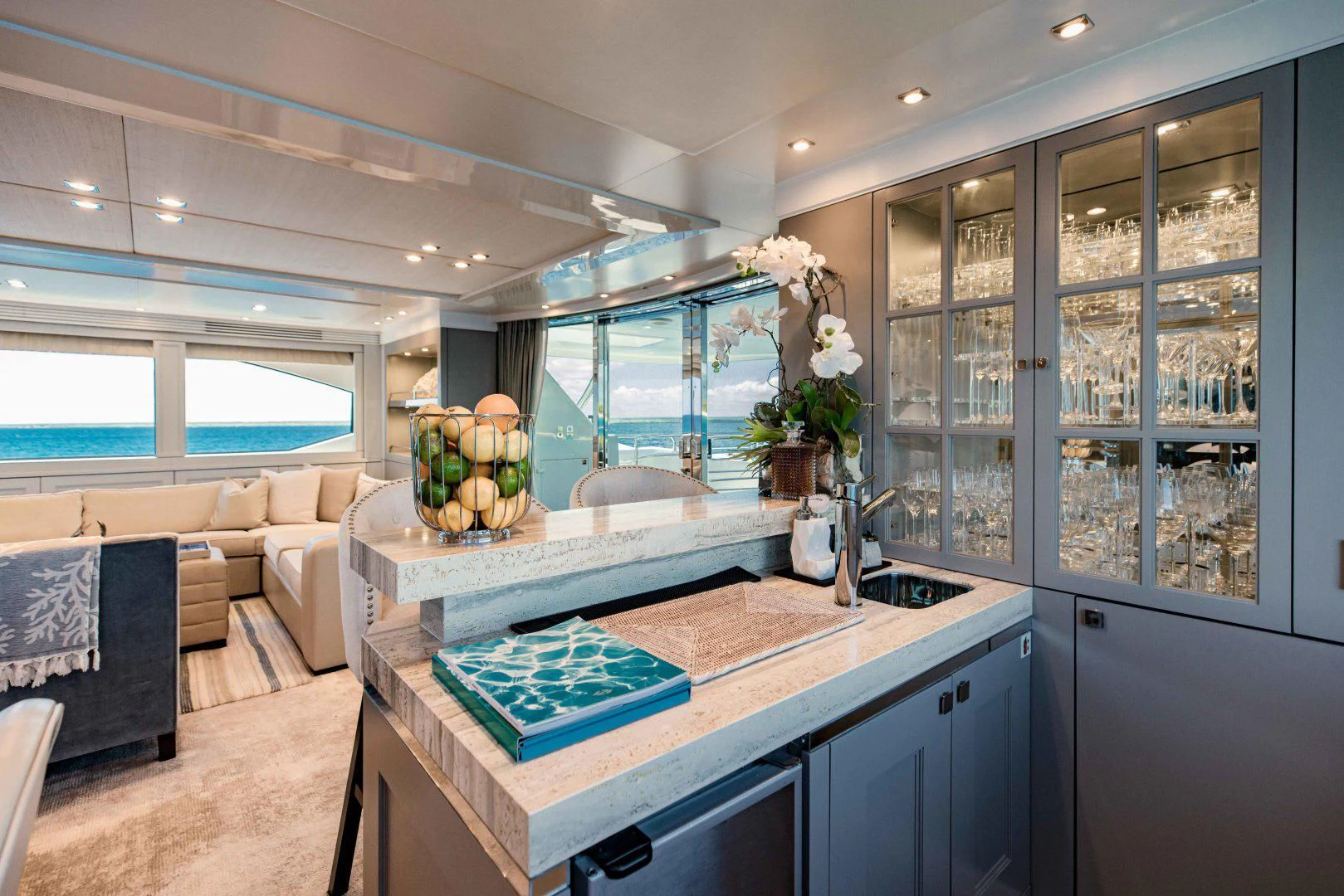 a kitchen with a marble counter top aboard TAYRONA Yacht for Sale