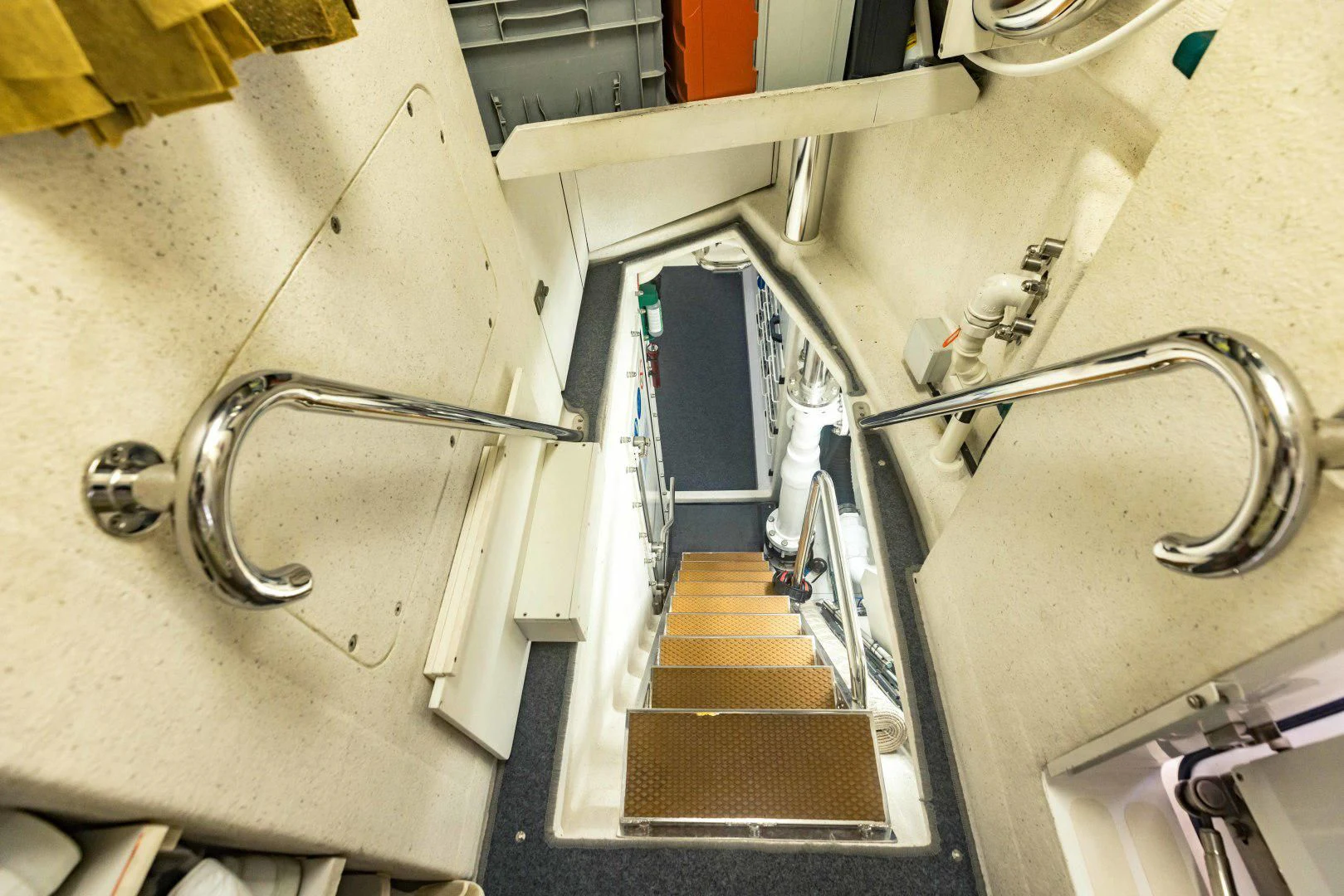 a metal staircase in a room aboard TAYRONA Yacht for Sale