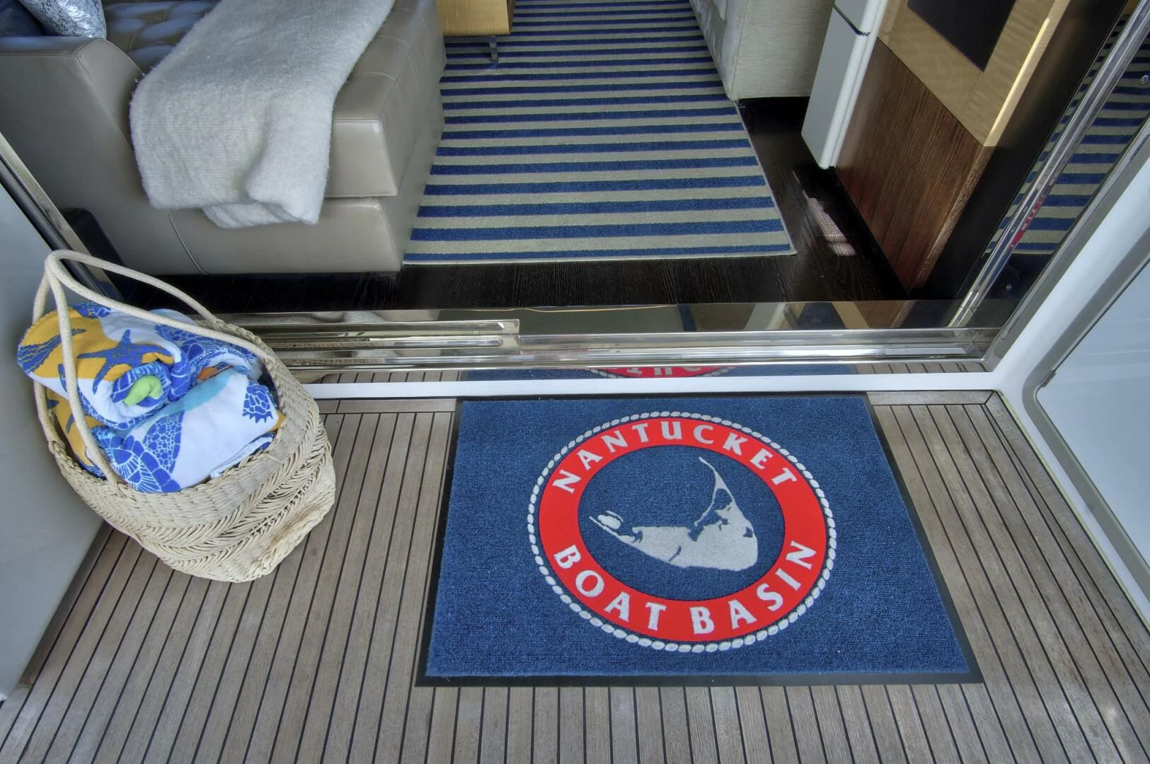 a blue and red sign on a table aboard GRATITUDE Yacht for Sale
