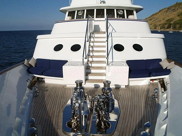 a large white boat with a blue and white stripe on it aboard MAVERICK Yacht for Charter
