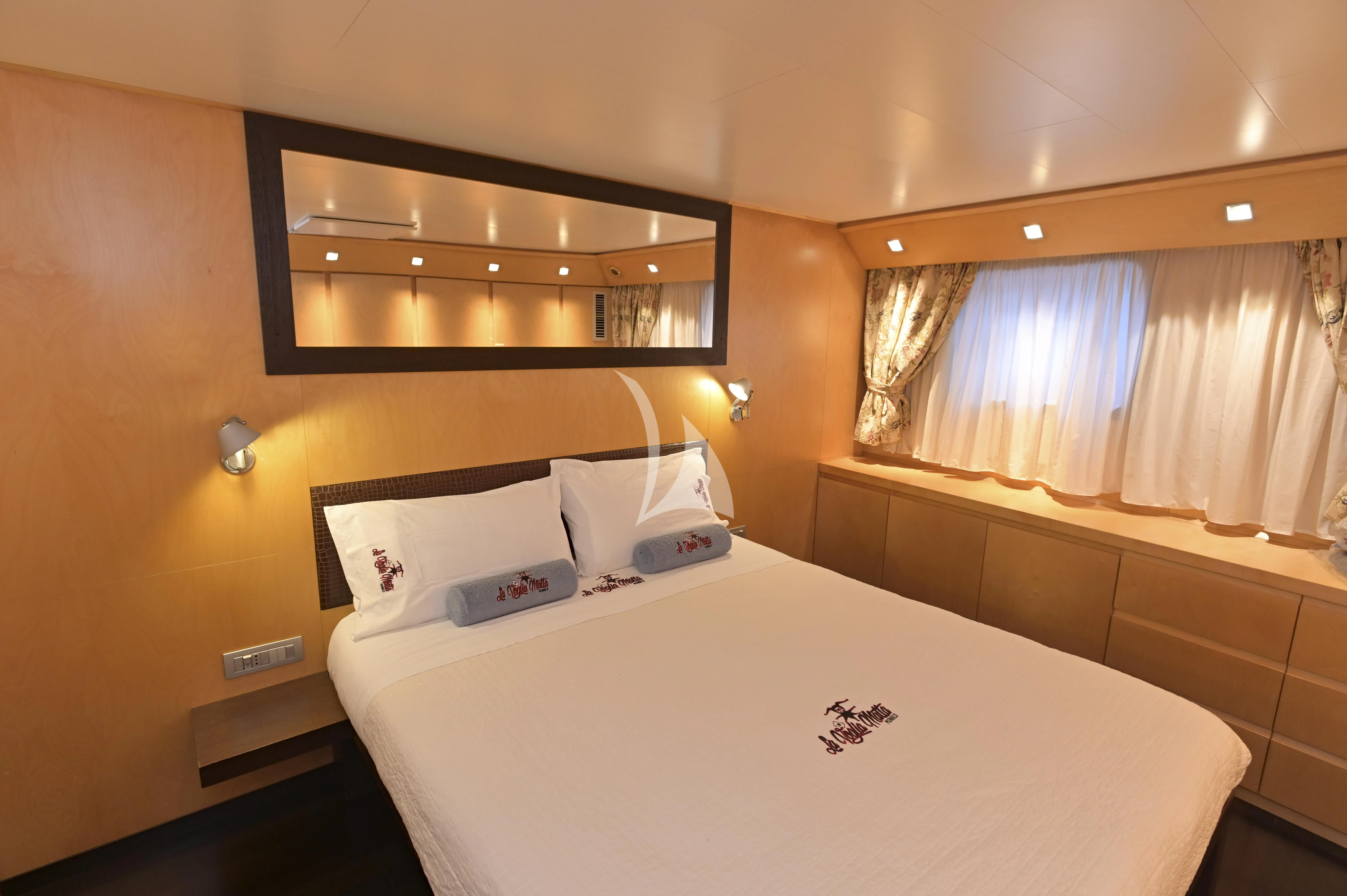 a hotel room with a large mirror aboard LA VOGLIA MATTA Yacht for Charter
