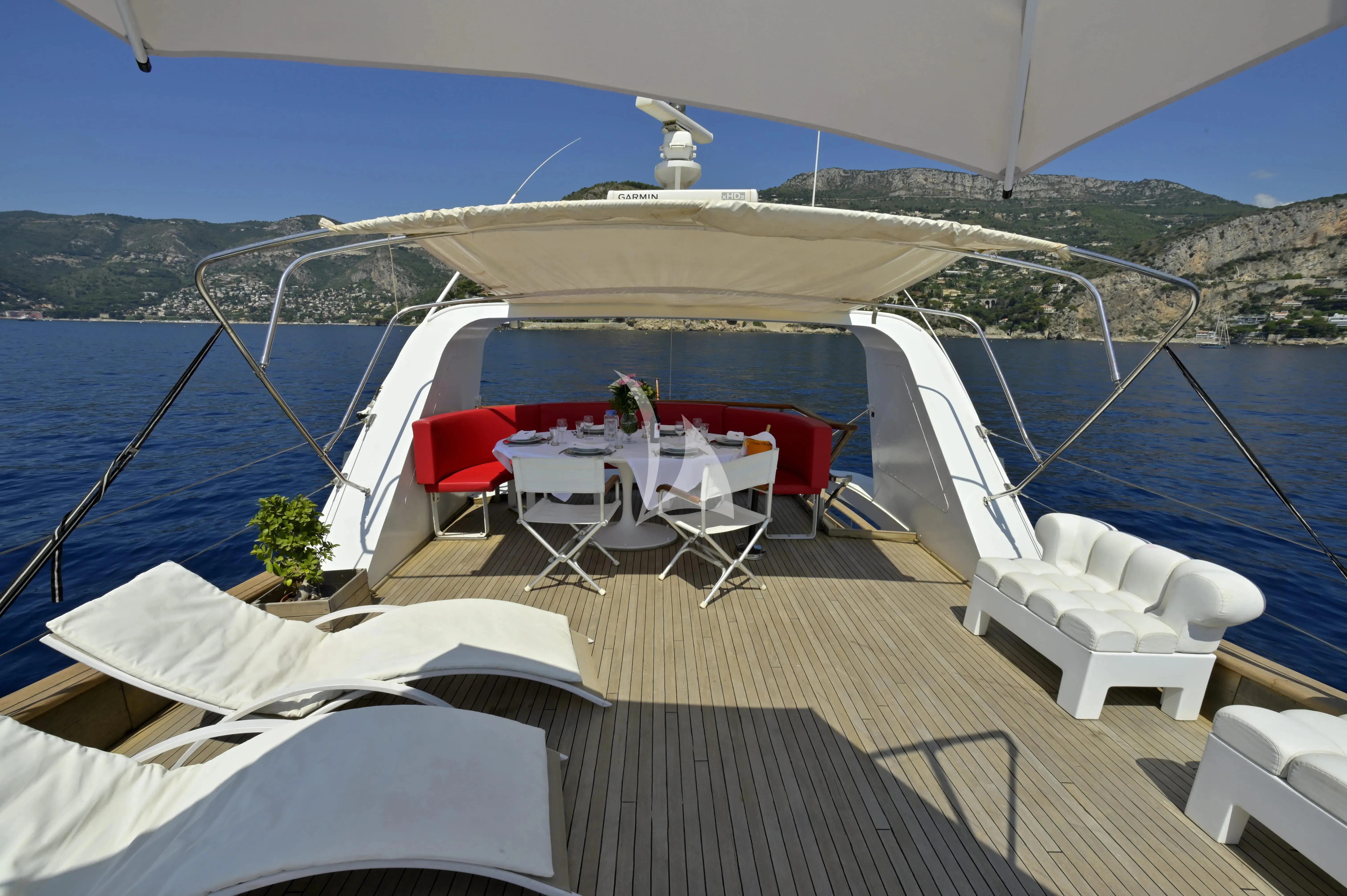 a deck with chairs and tables on it aboard LA VOGLIA MATTA Yacht for Charter