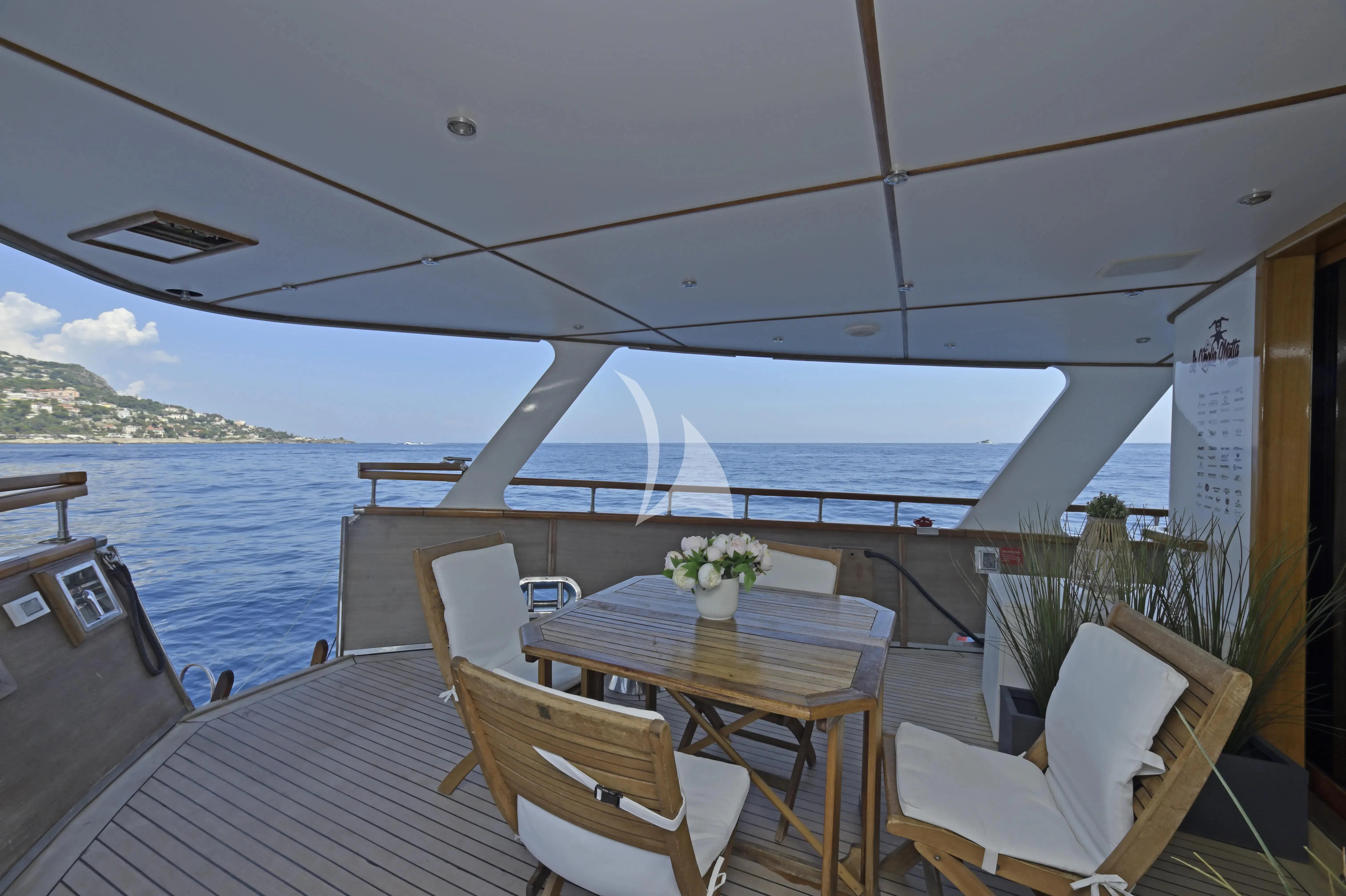 a table and chairs on a boat aboard LA VOGLIA MATTA Yacht for Charter