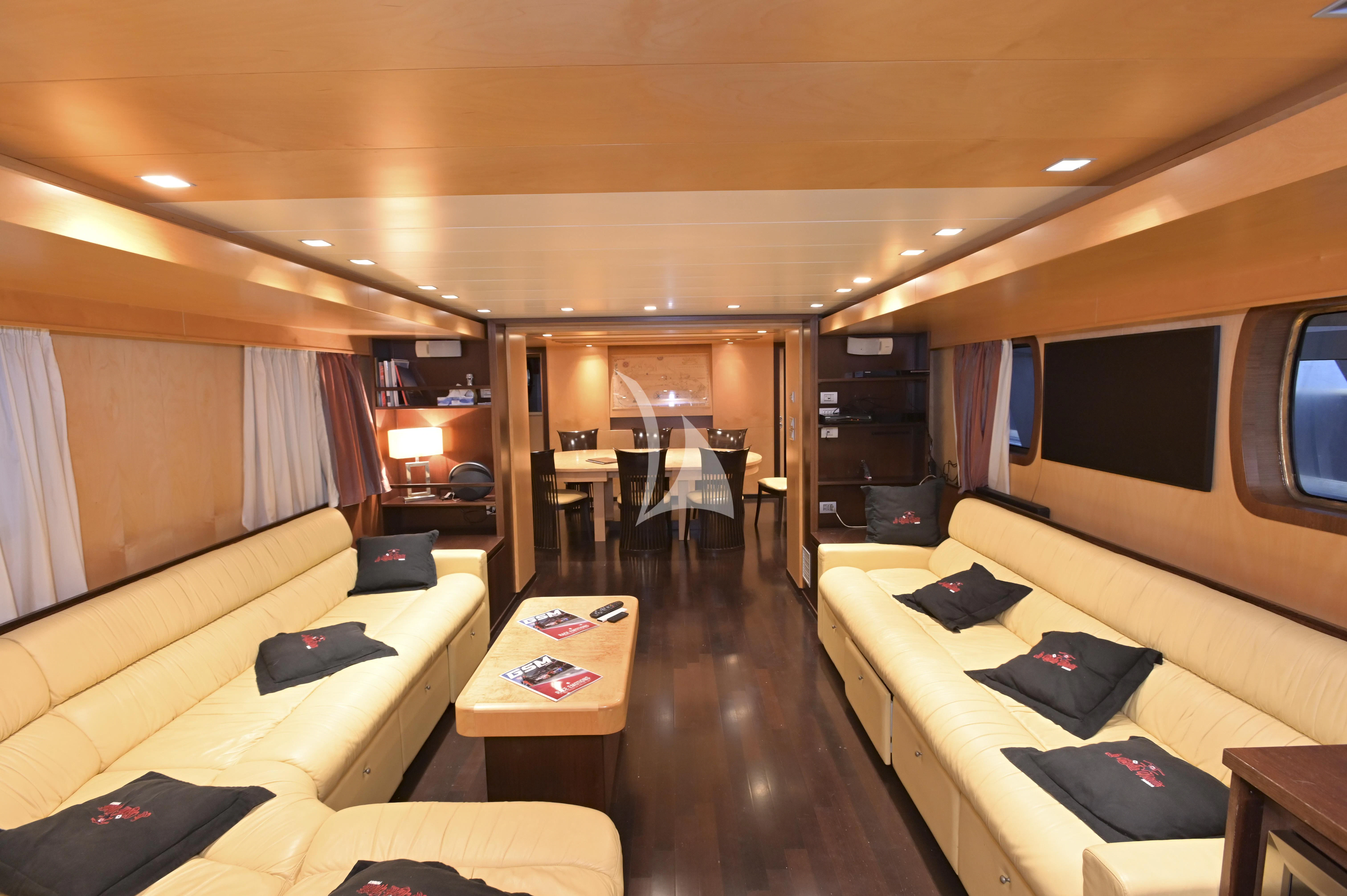a living room with a large screen aboard LA VOGLIA MATTA Yacht for Charter