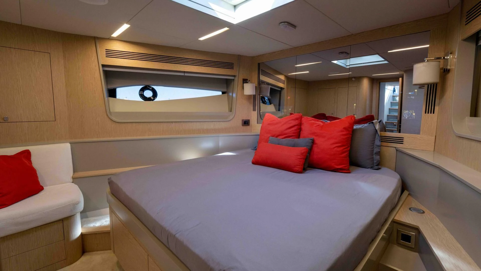 a bed in a room aboard ADONIS Yacht for Sale