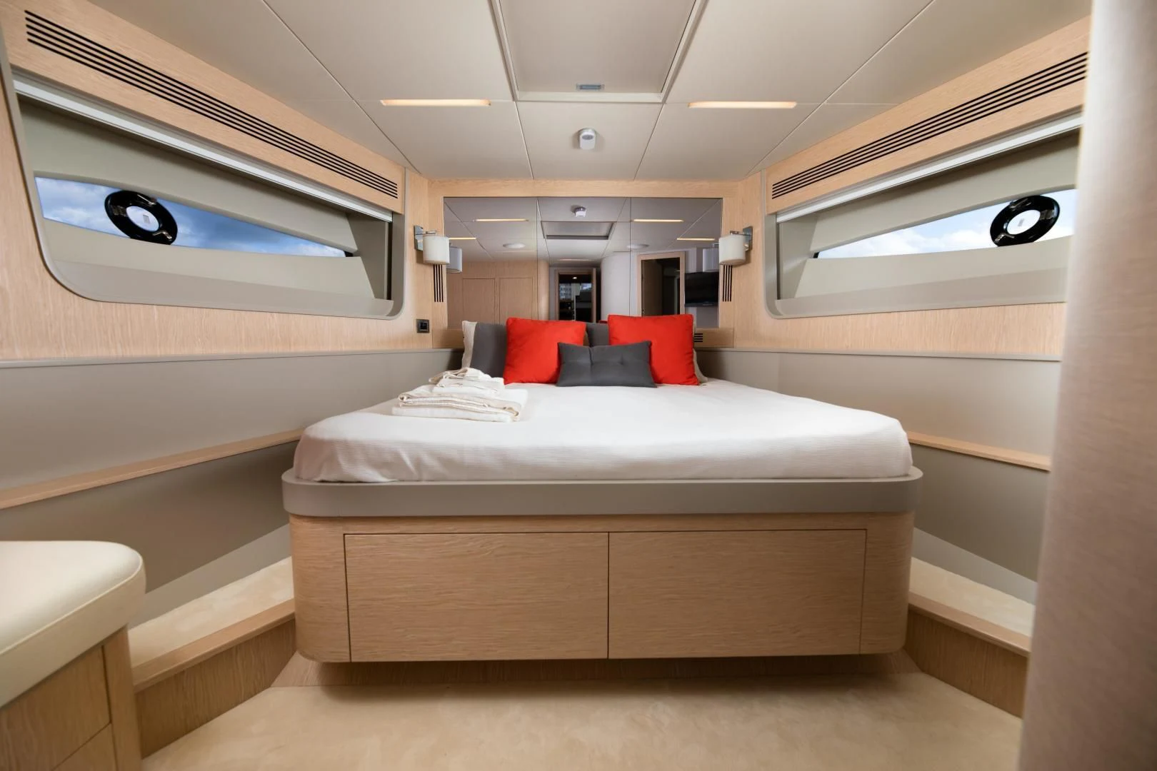 a bed in a room aboard ADONIS Yacht for Sale