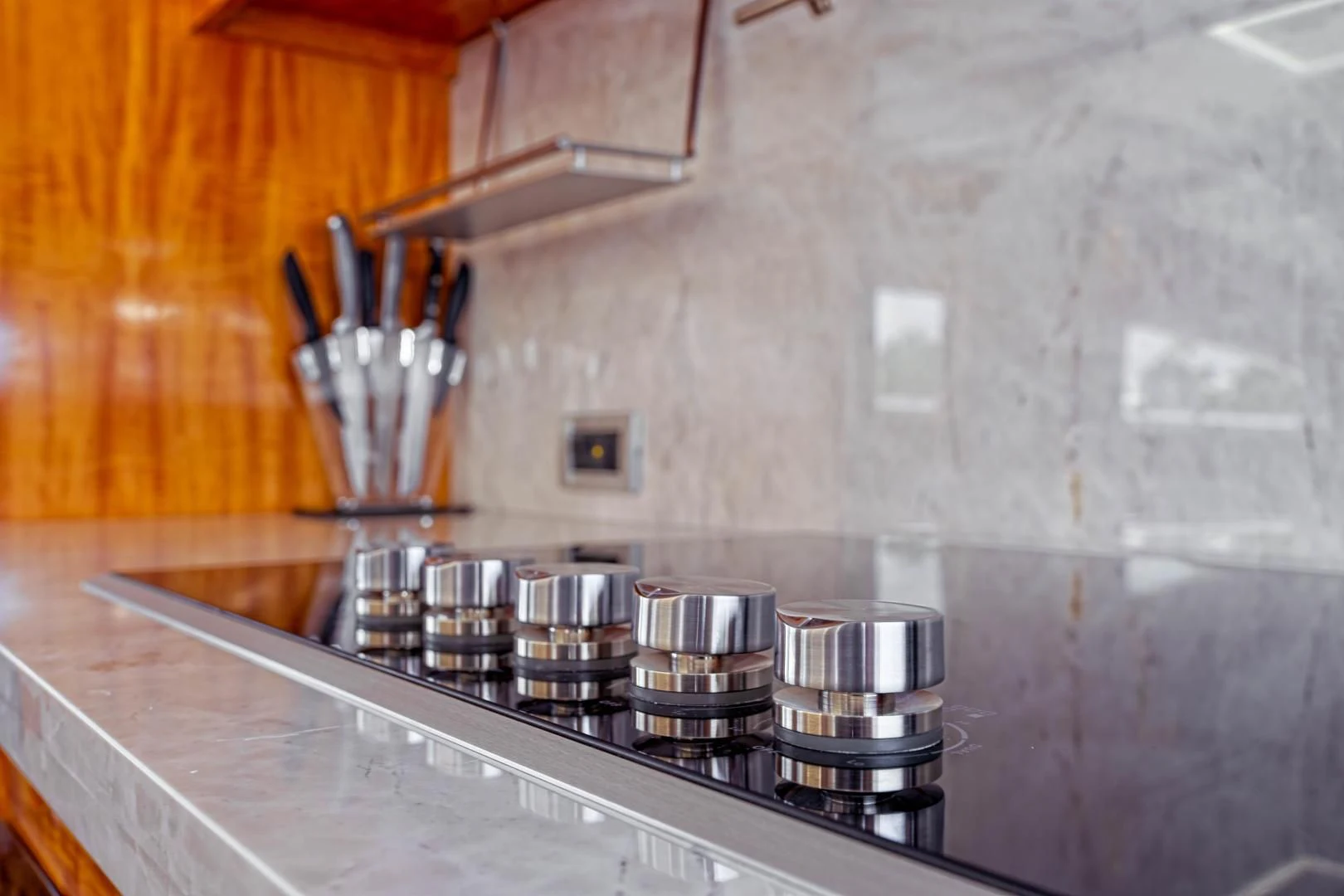 a kitchen counter with pots and pans on it aboard CARPE DIEM Yacht for Charter