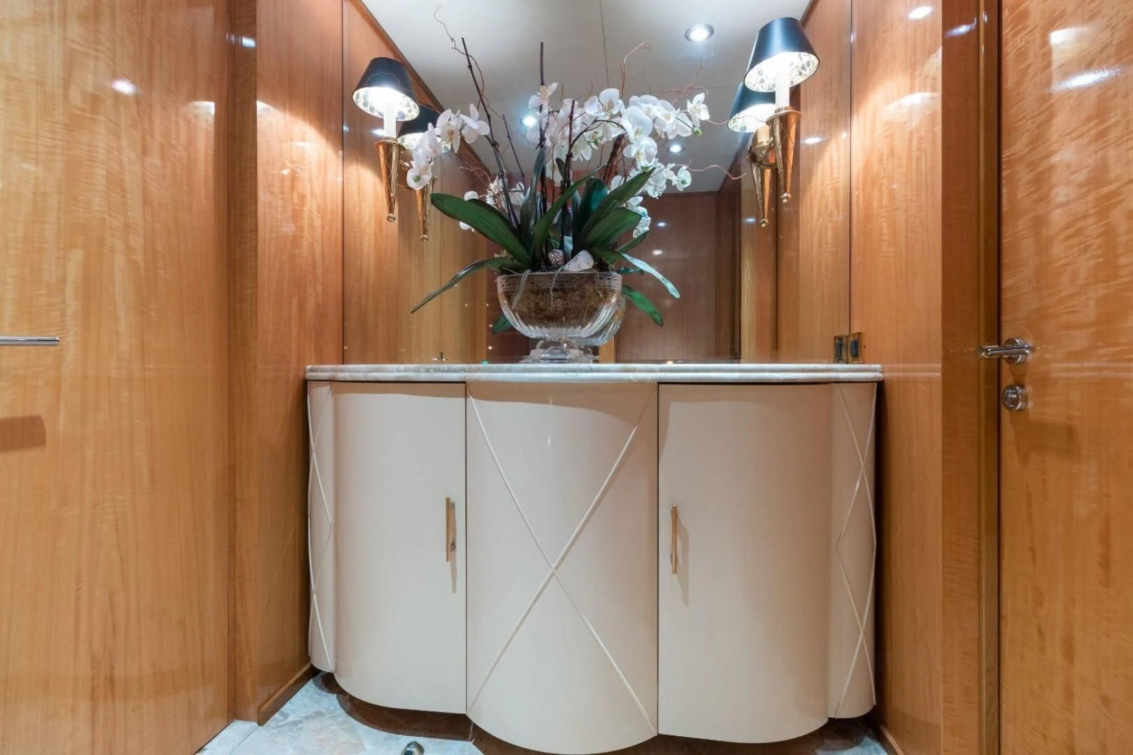 a vase of flowers on a counter aboard CARPE DIEM Yacht for Charter