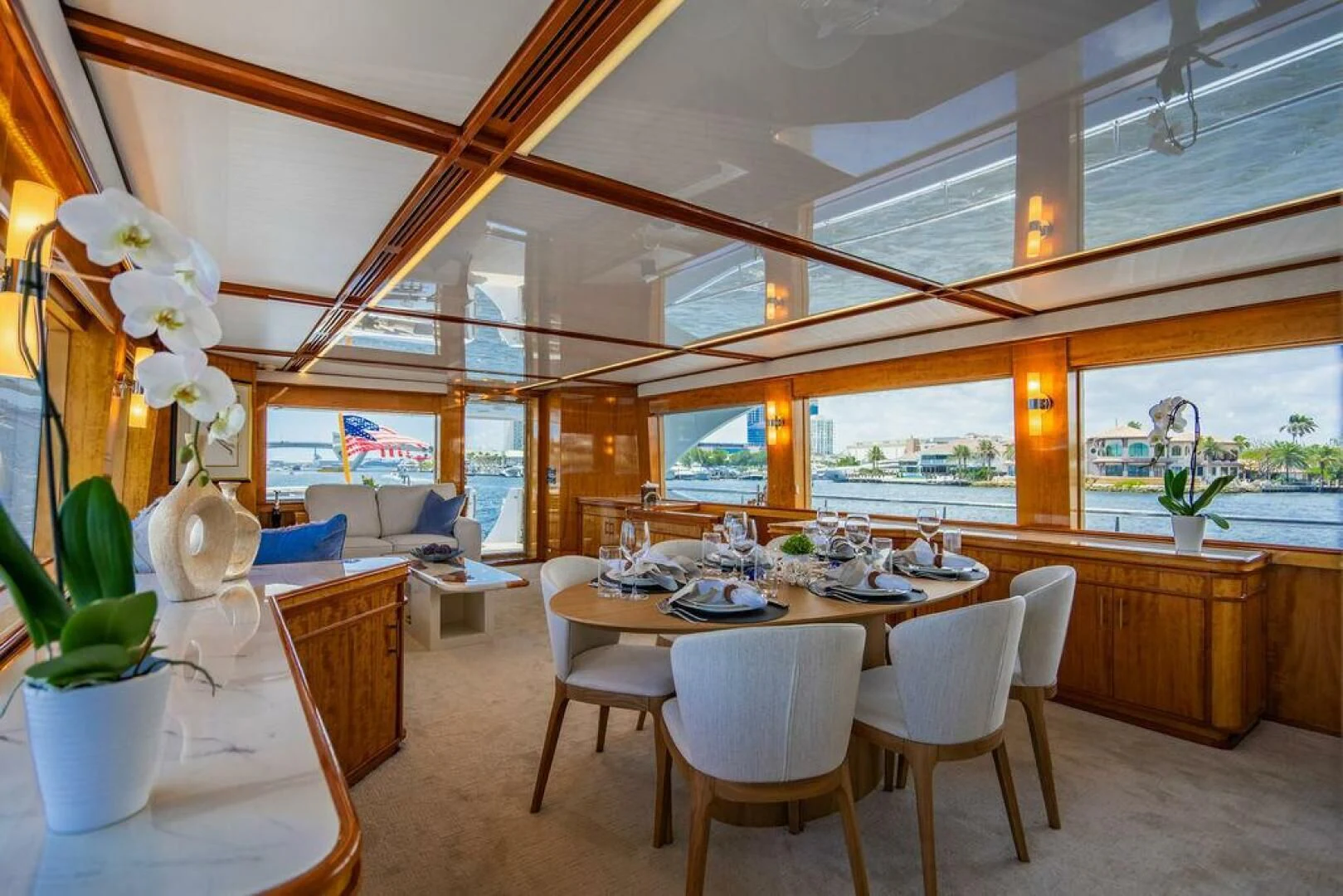 a dining room with a table and chairs aboard CARPE DIEM Yacht for Charter