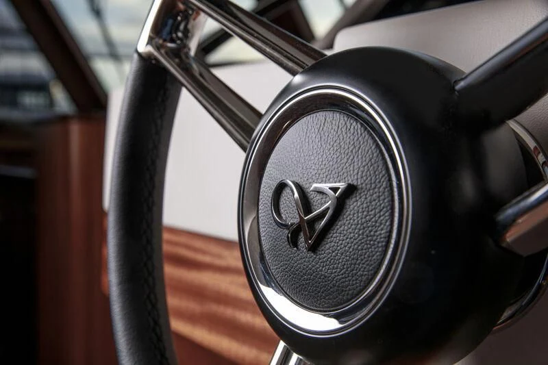 a close-up of a steering wheel aboard ALECTO Yacht for Sale