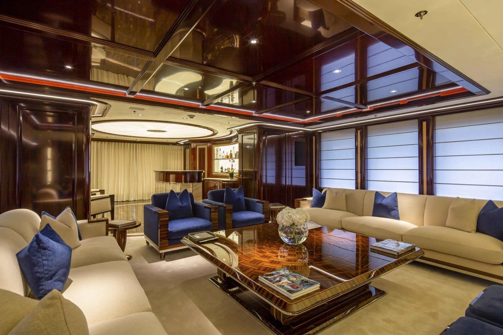 a living room with a large ceiling aboard ROCK.IT Yacht for Charter