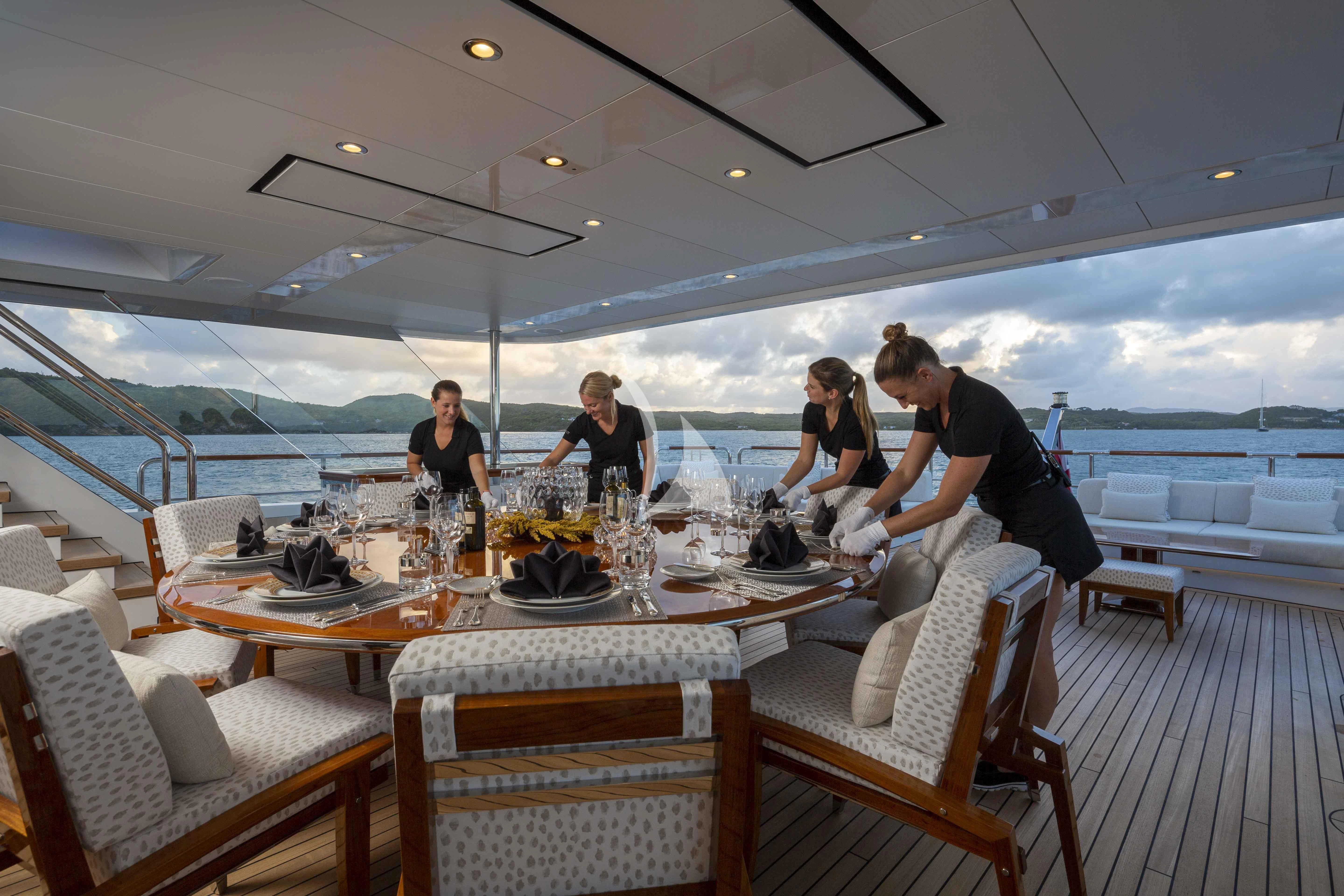 a group of people sitting around a table on a boat aboard ROCK.IT Yacht for Charter