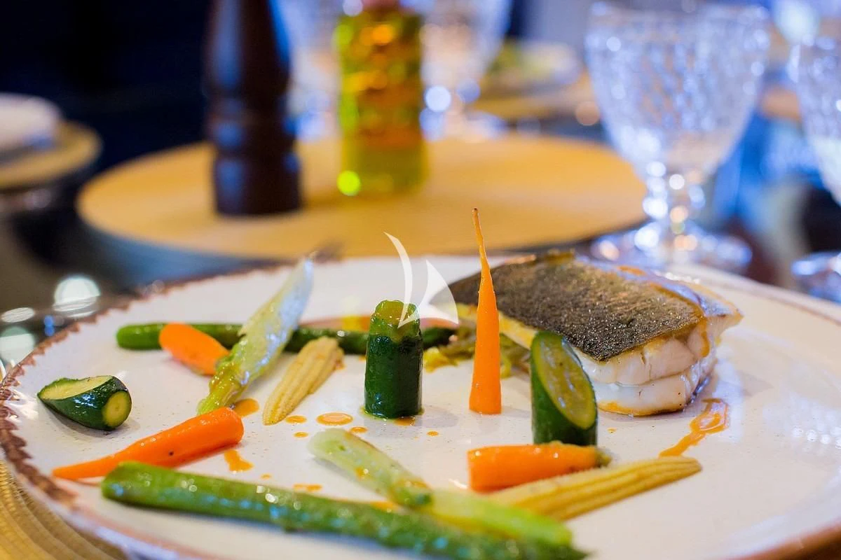 a plate of food aboard LADY RINA Yacht for Sale