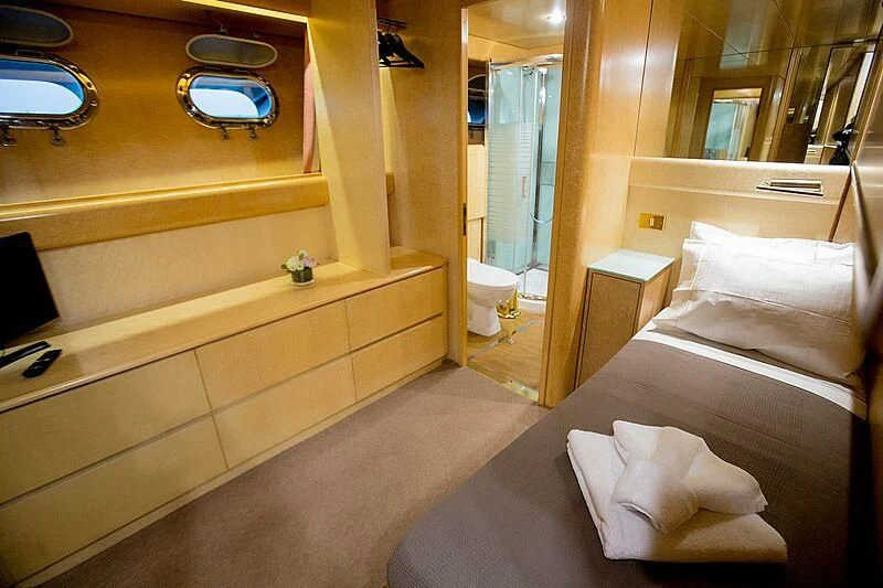 a bathroom with a large mirror aboard LADY RINA Yacht for Sale