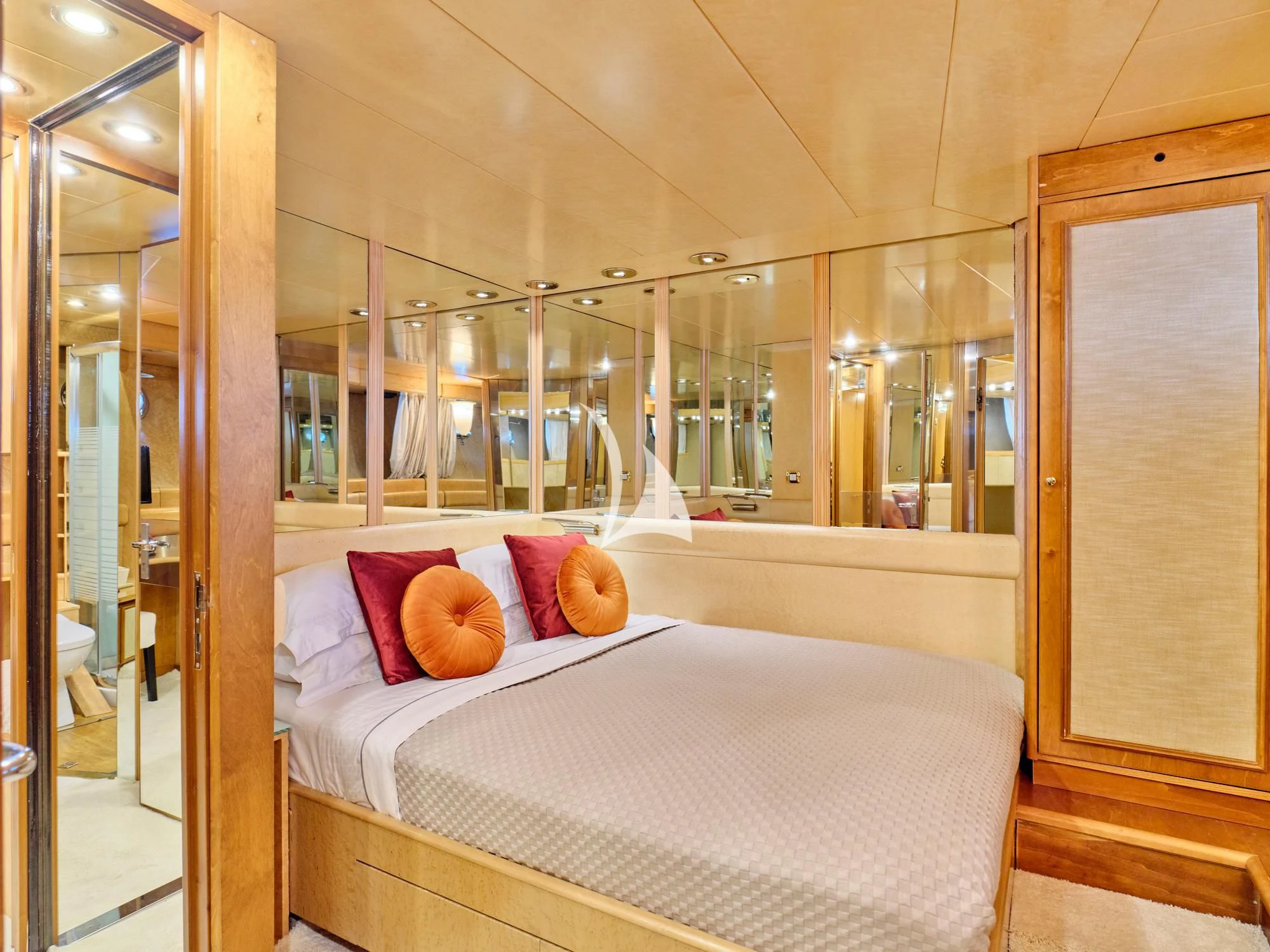 a bed in a room aboard LADY RINA Yacht for Sale