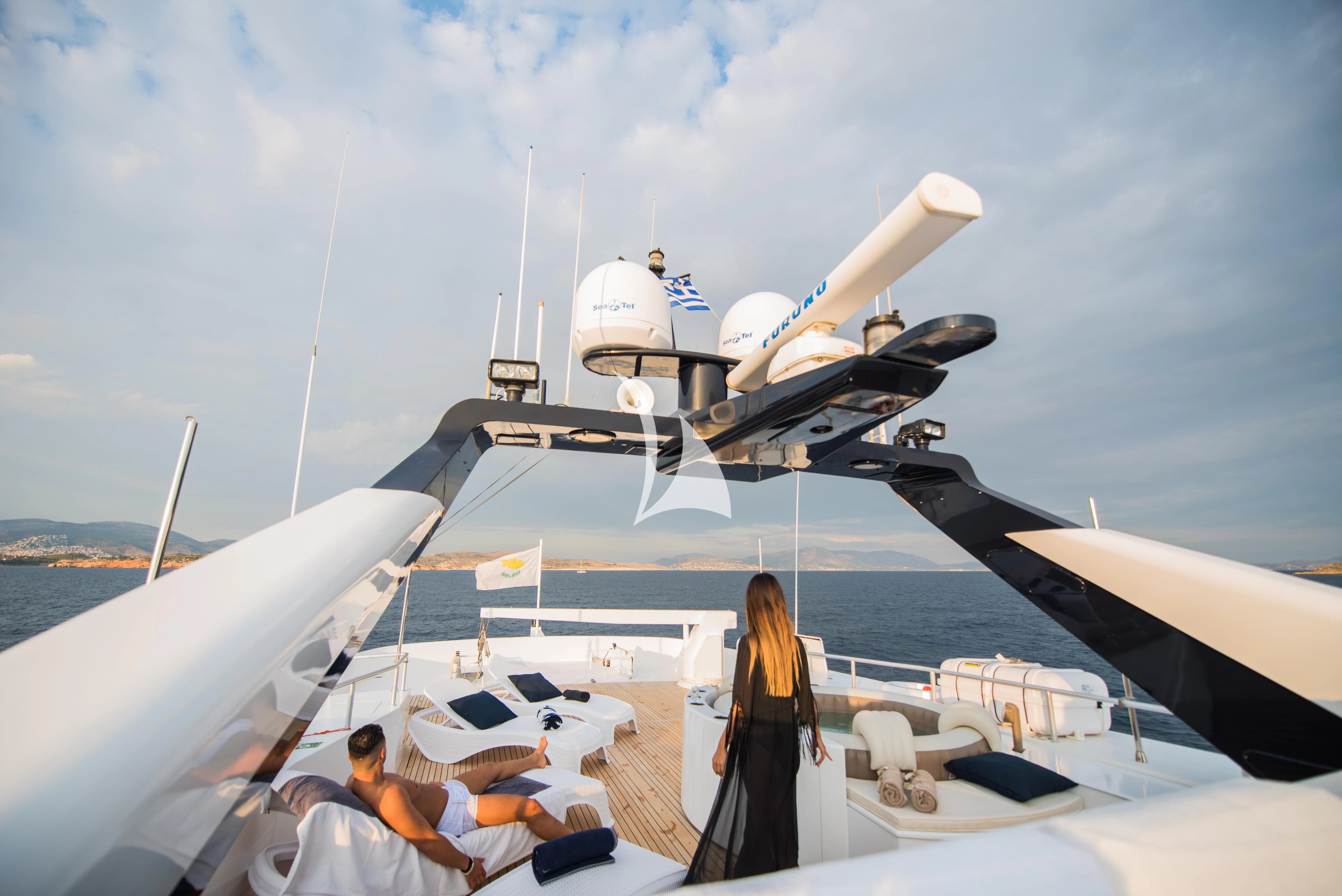 people on a lounge chair on a plane aboard LADY RINA Yacht for Sale