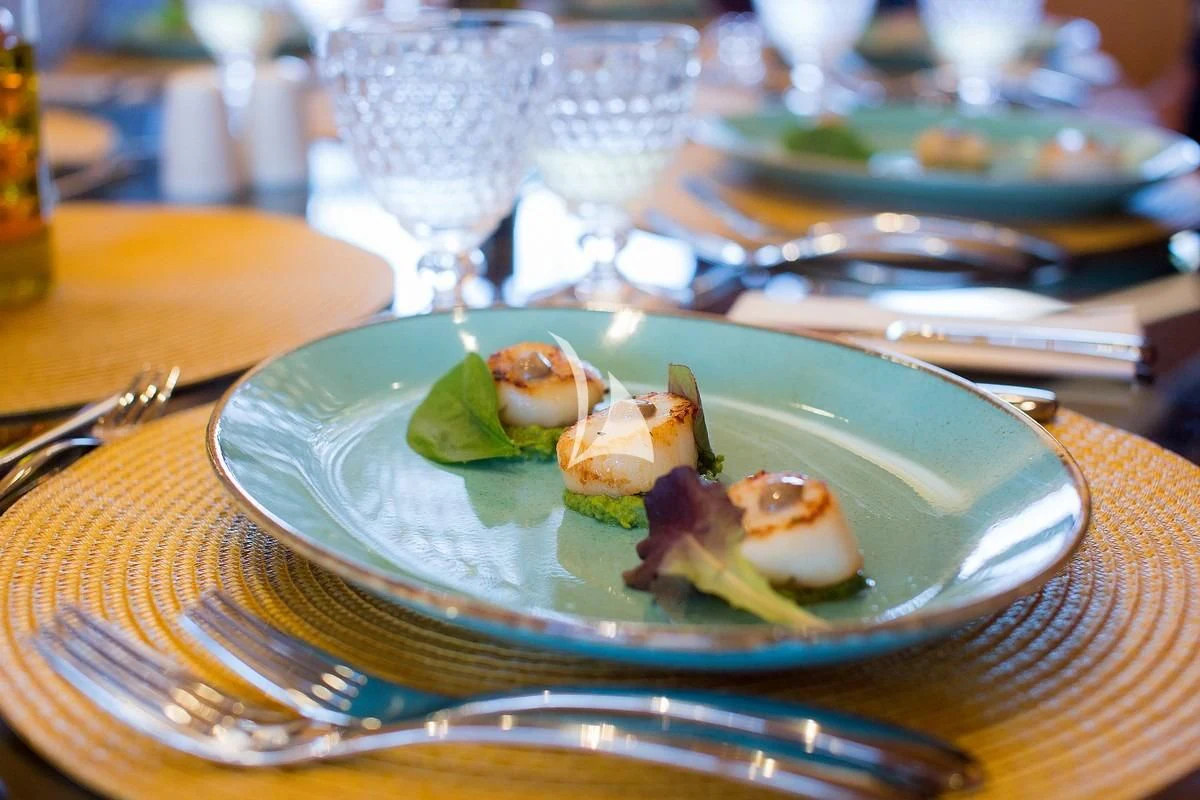a plate of sushi aboard LADY RINA Yacht for Sale