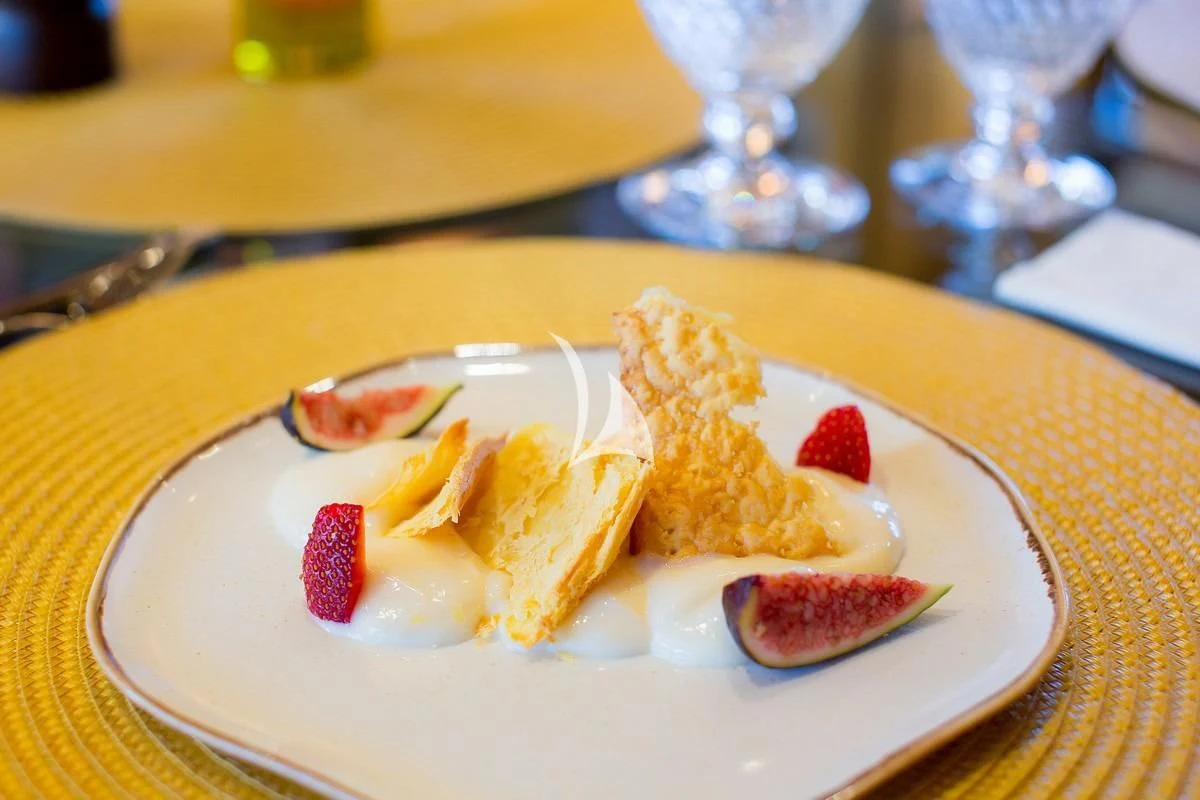 a plate of dessert aboard LADY RINA Yacht for Sale