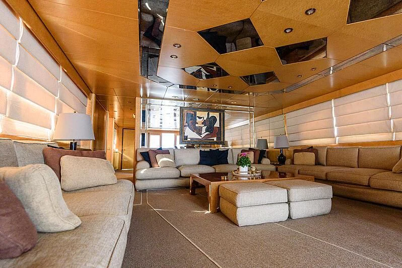 a living room with a large wood ceiling aboard LADY RINA Yacht for Sale