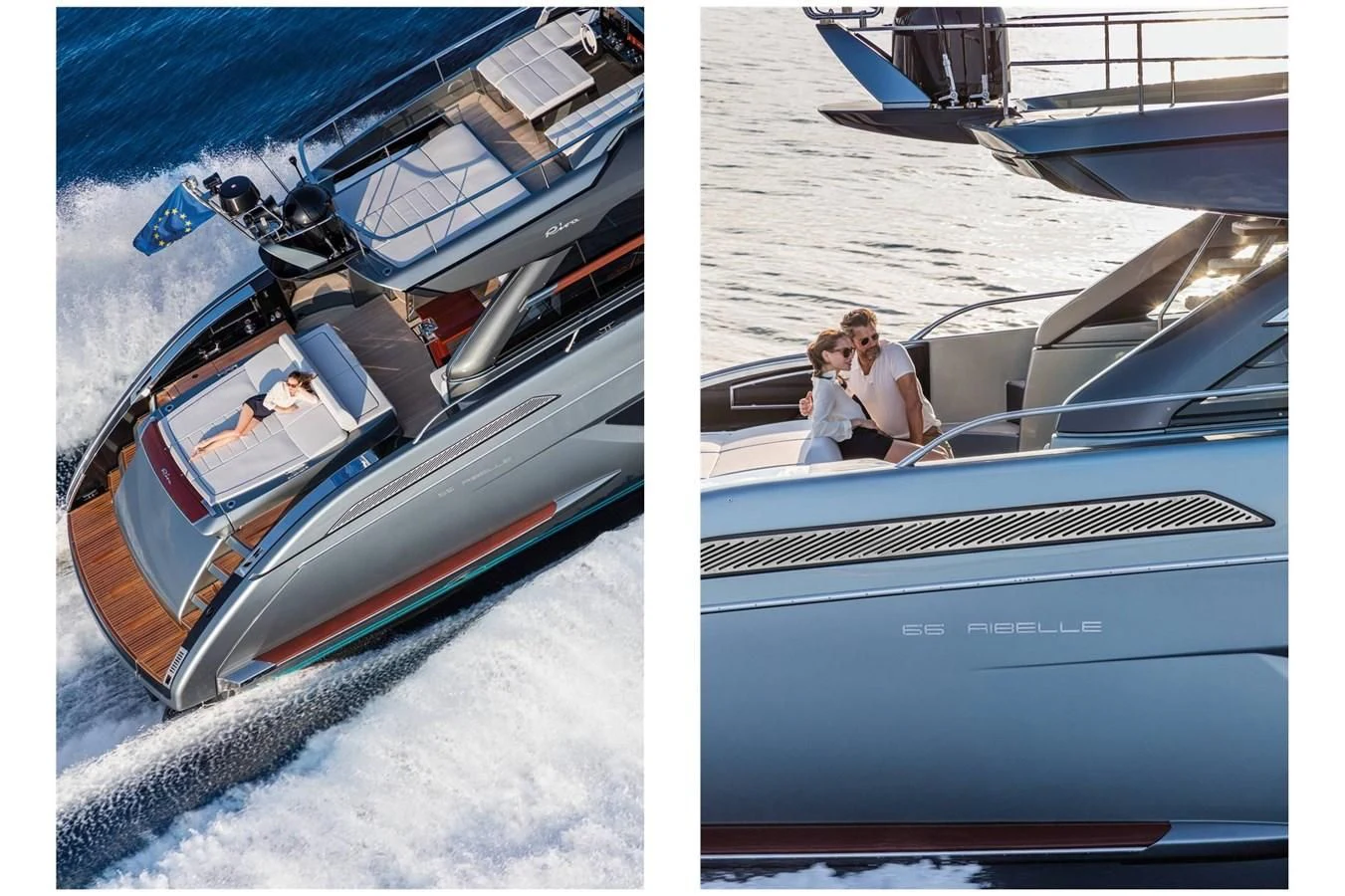 a collage of a boat aboard 66' RIBELLE Yacht for Sale
