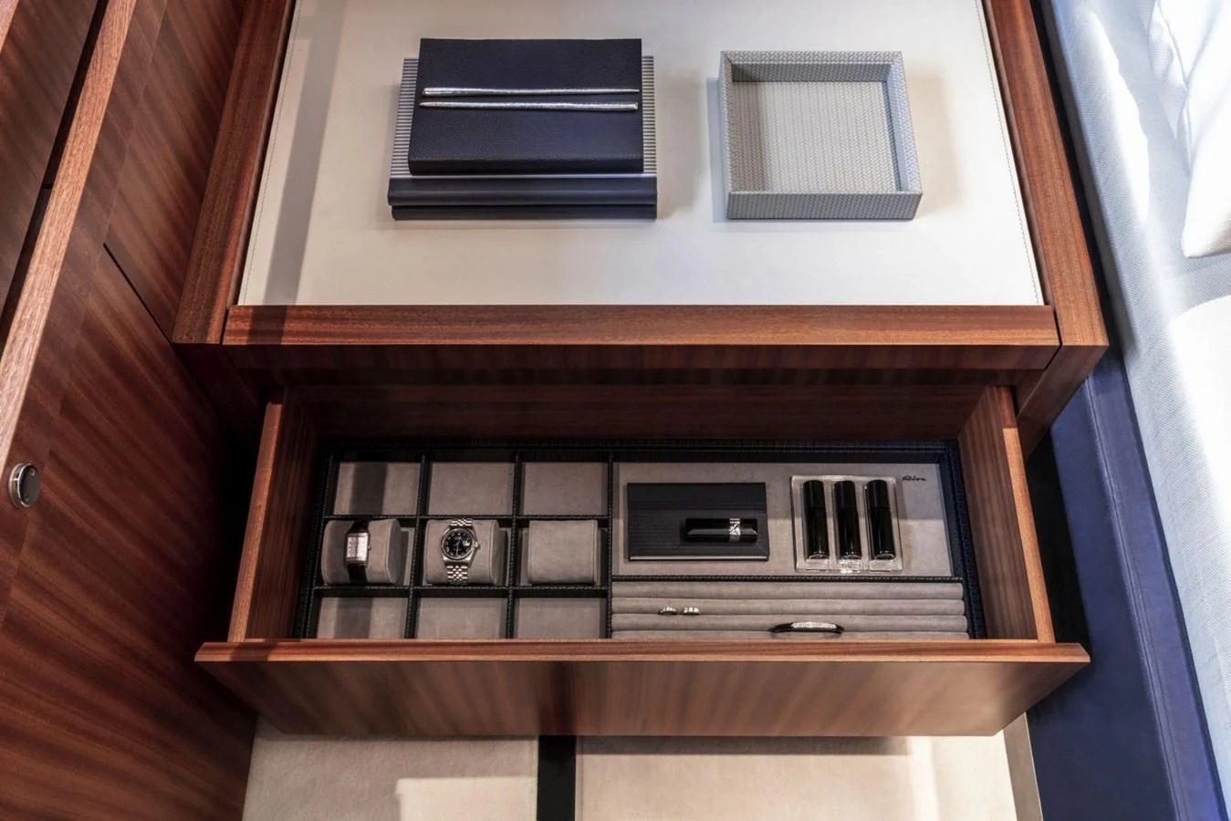 a wooden cabinet with a vent aboard 66' RIBELLE Yacht for Sale