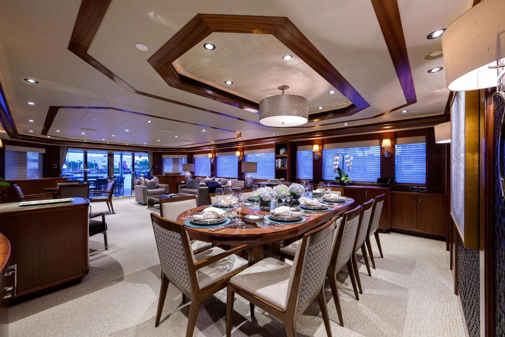 a large dining room with a table and chairs aboard LADY JJ Yacht for Charter