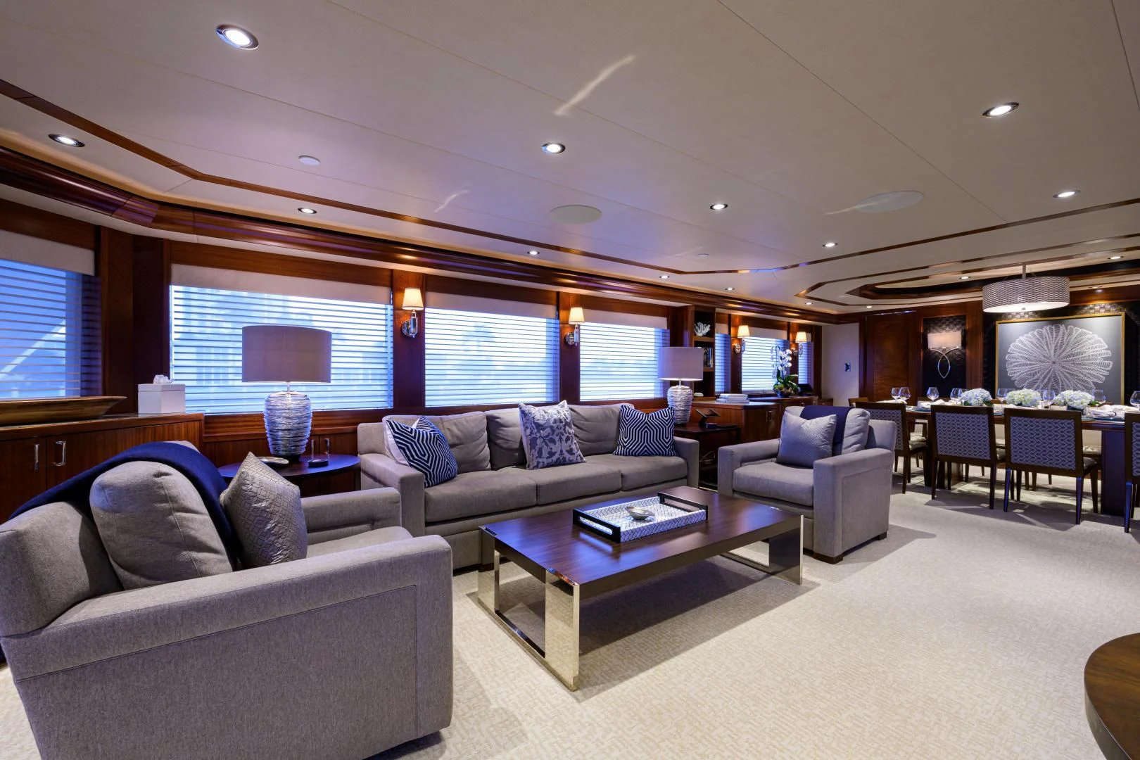 a living room with a large window aboard LADY JJ Yacht for Charter