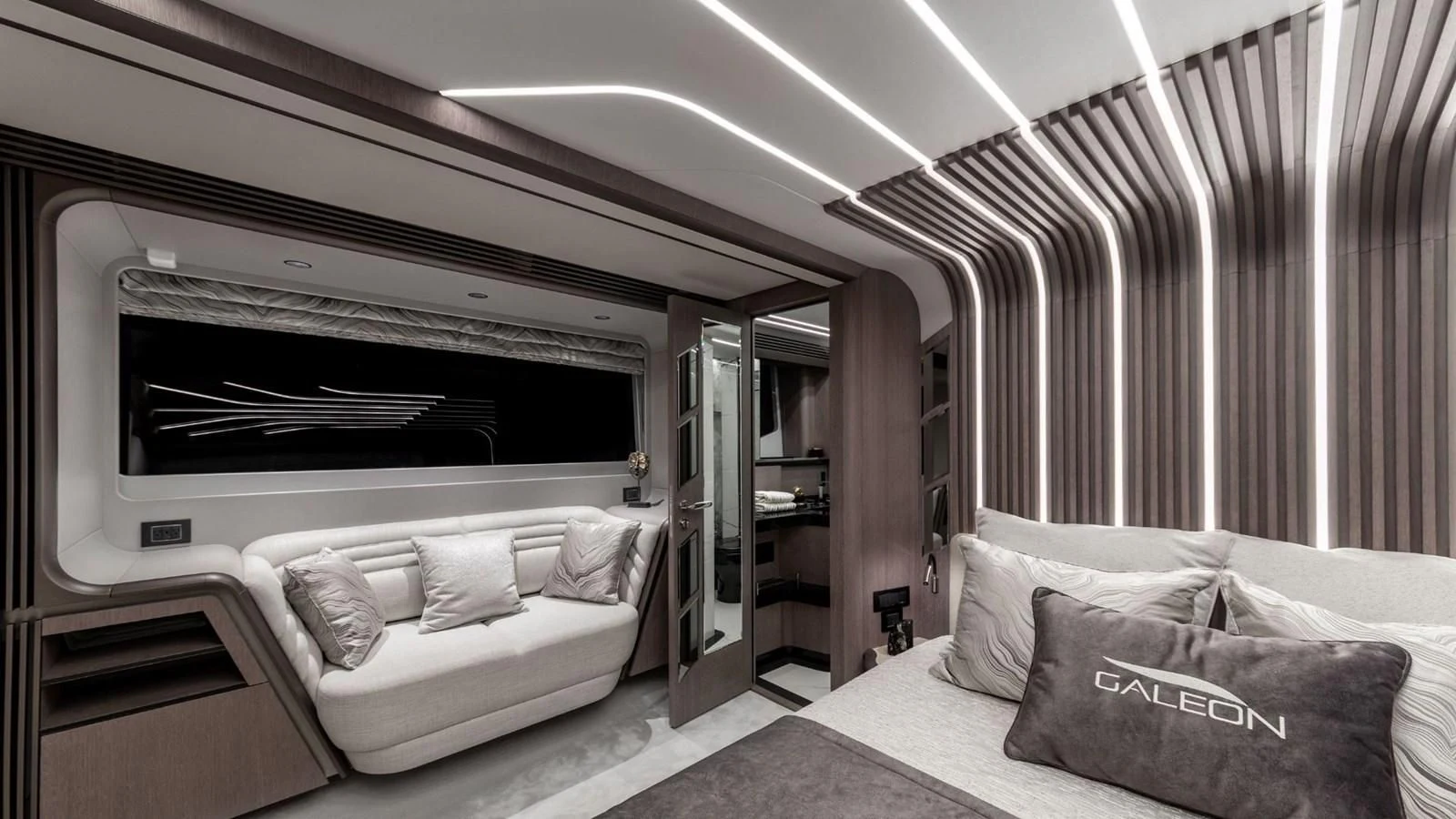 a room with a bed and a television aboard GALEON 800 FLY/1 Yacht for Sale