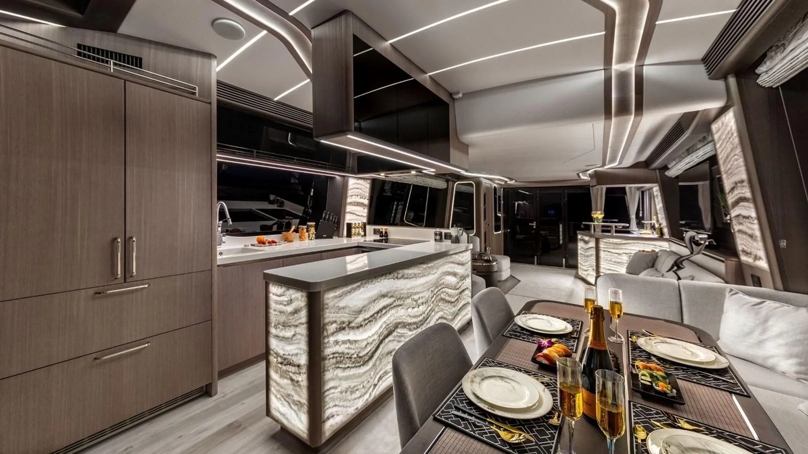 a kitchen with a table and chairs aboard GALEON 800 FLY/1 Yacht for Sale