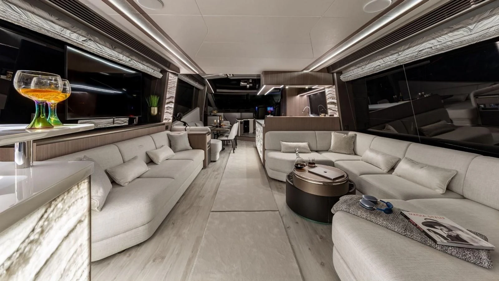 a living room with a large window aboard GALEON 800 FLY/1 Yacht for Sale