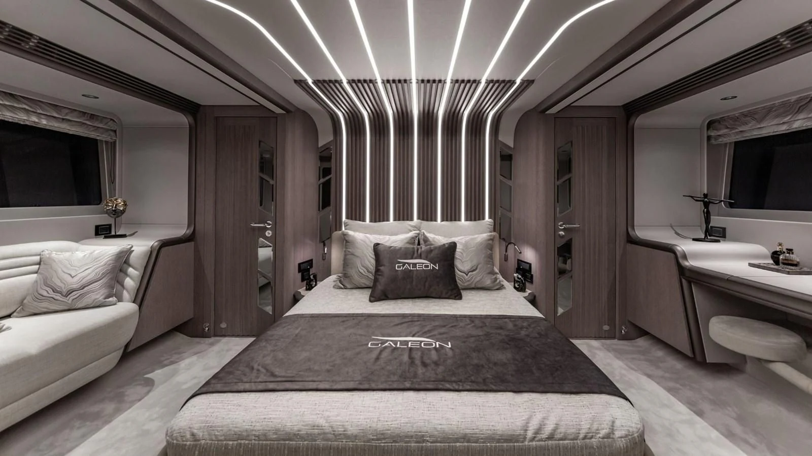 a large bedroom with a large bed aboard GALEON 800 FLY/1 Yacht for Sale