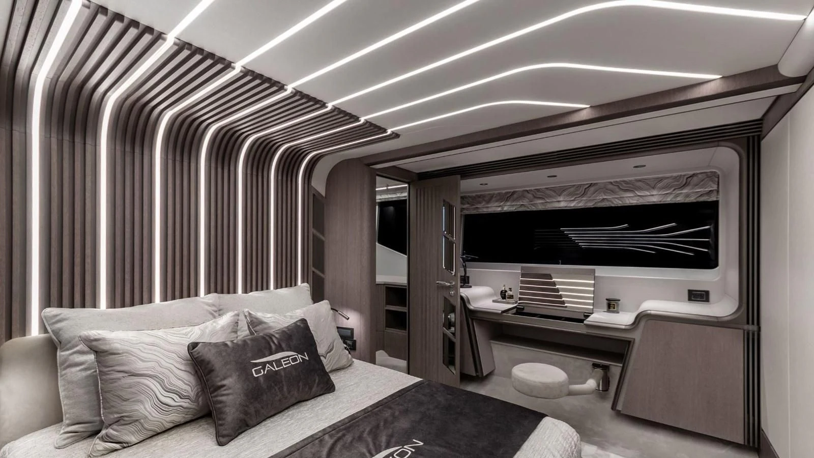 a room with a bed and a television aboard GALEON 800 FLY/1 Yacht for Sale