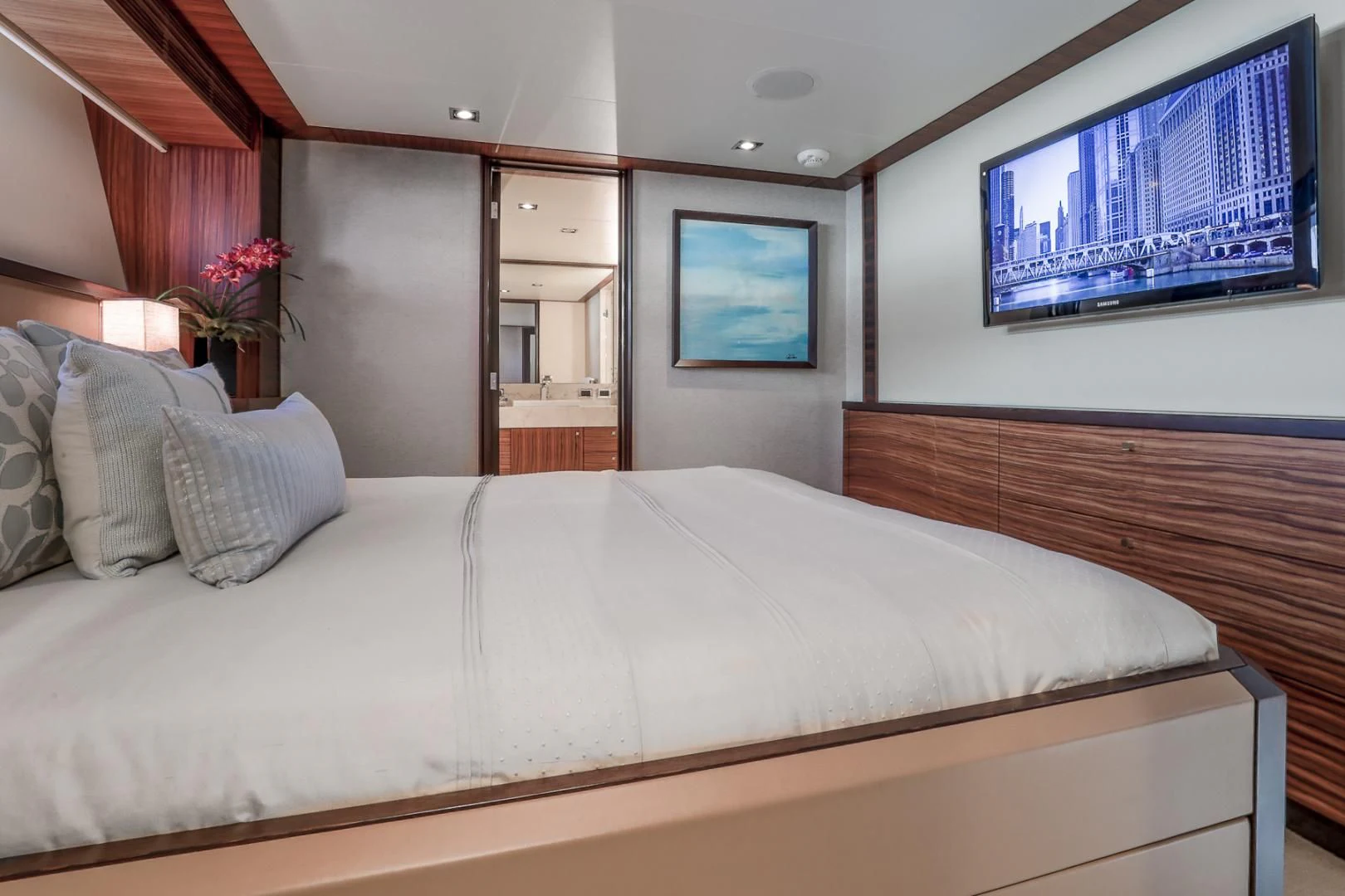 a bed with pillows aboard FUGITIVE *NAME RESERVED* Yacht for Sale