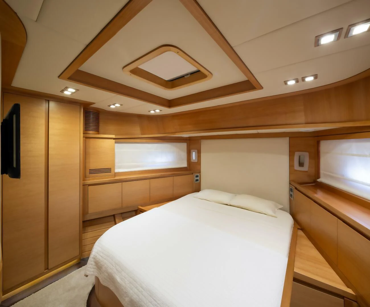 a room with a bed and a ceiling fan aboard ANTALYA Yacht for Sale
