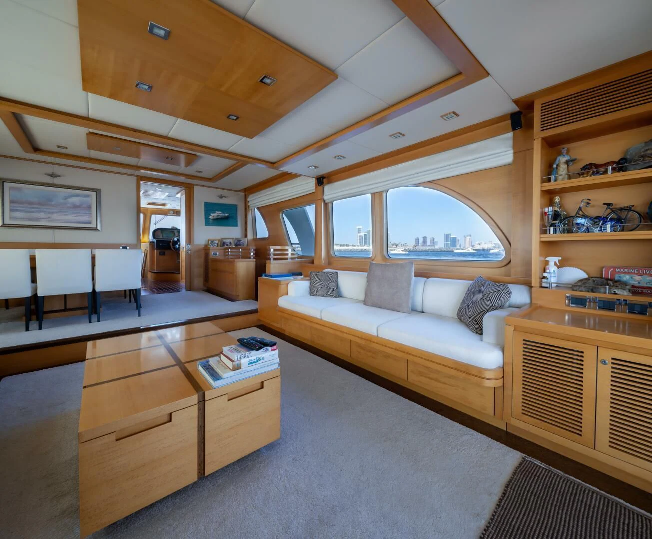 a living room with a large bed aboard ANTALYA Yacht for Sale