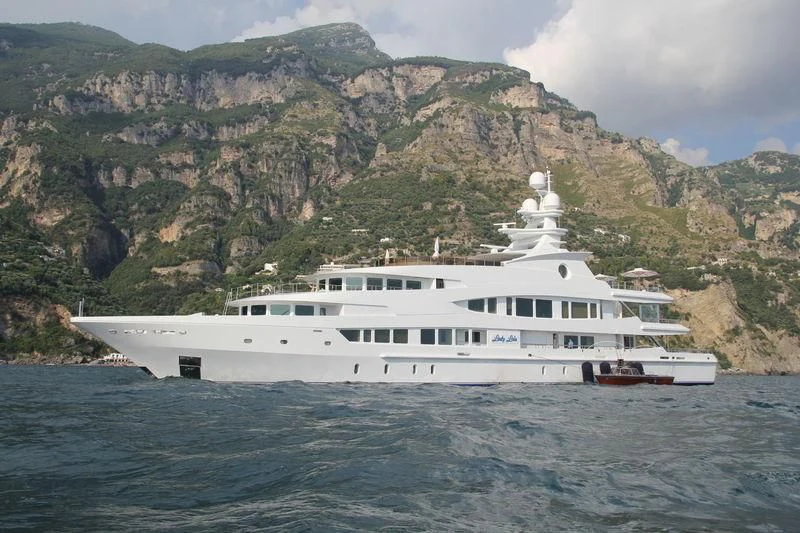 a large white boat in the water aboard LUCKY LADY Yacht for Sale