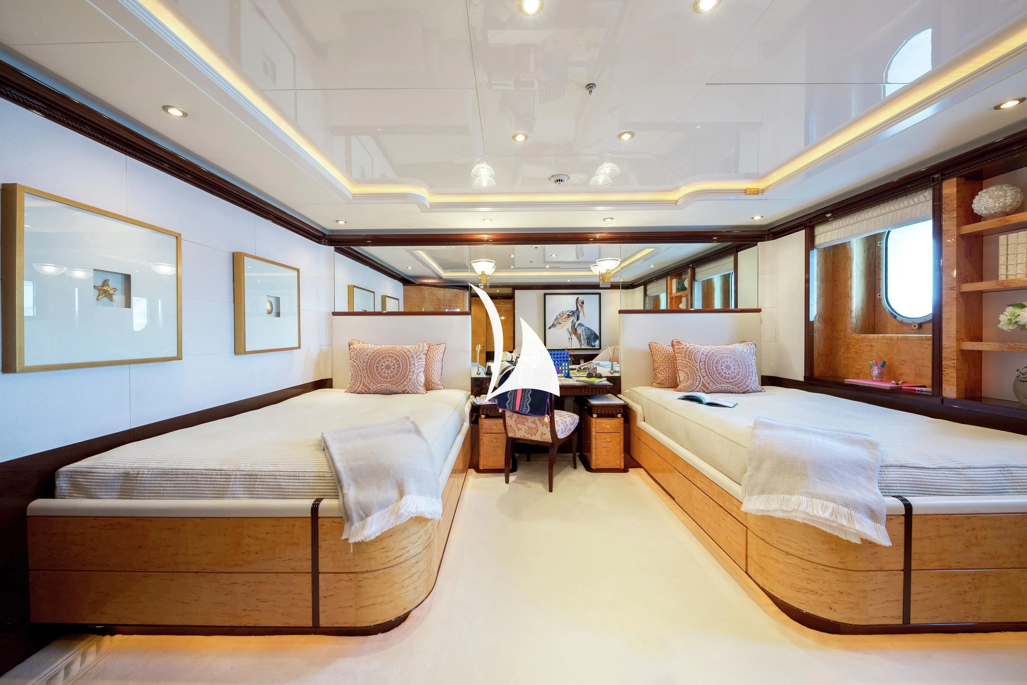 a room with two beds aboard LUCKY LADY Yacht for Sale