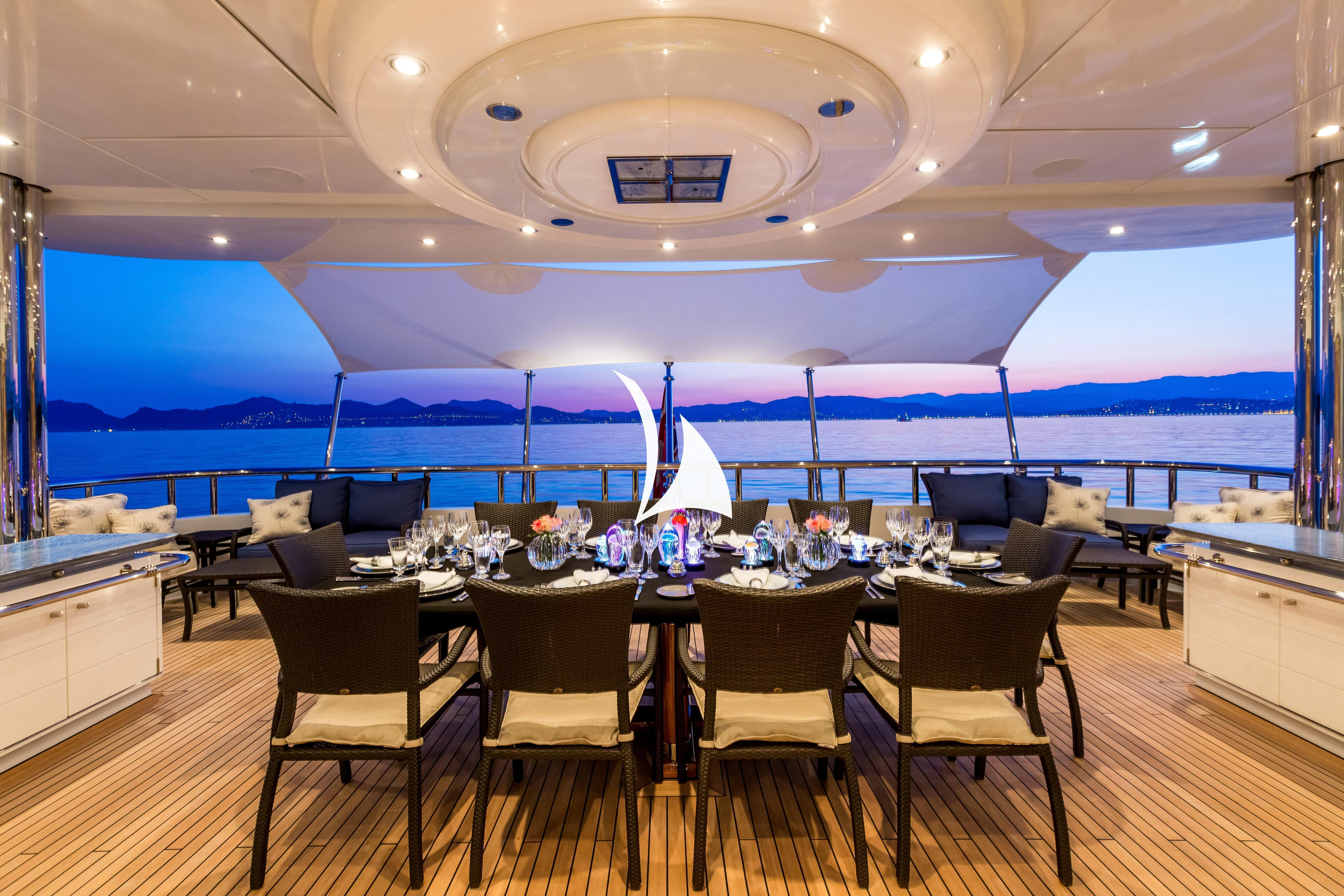 a large room with a table and chairs and a large window aboard LUCKY LADY Yacht for Sale