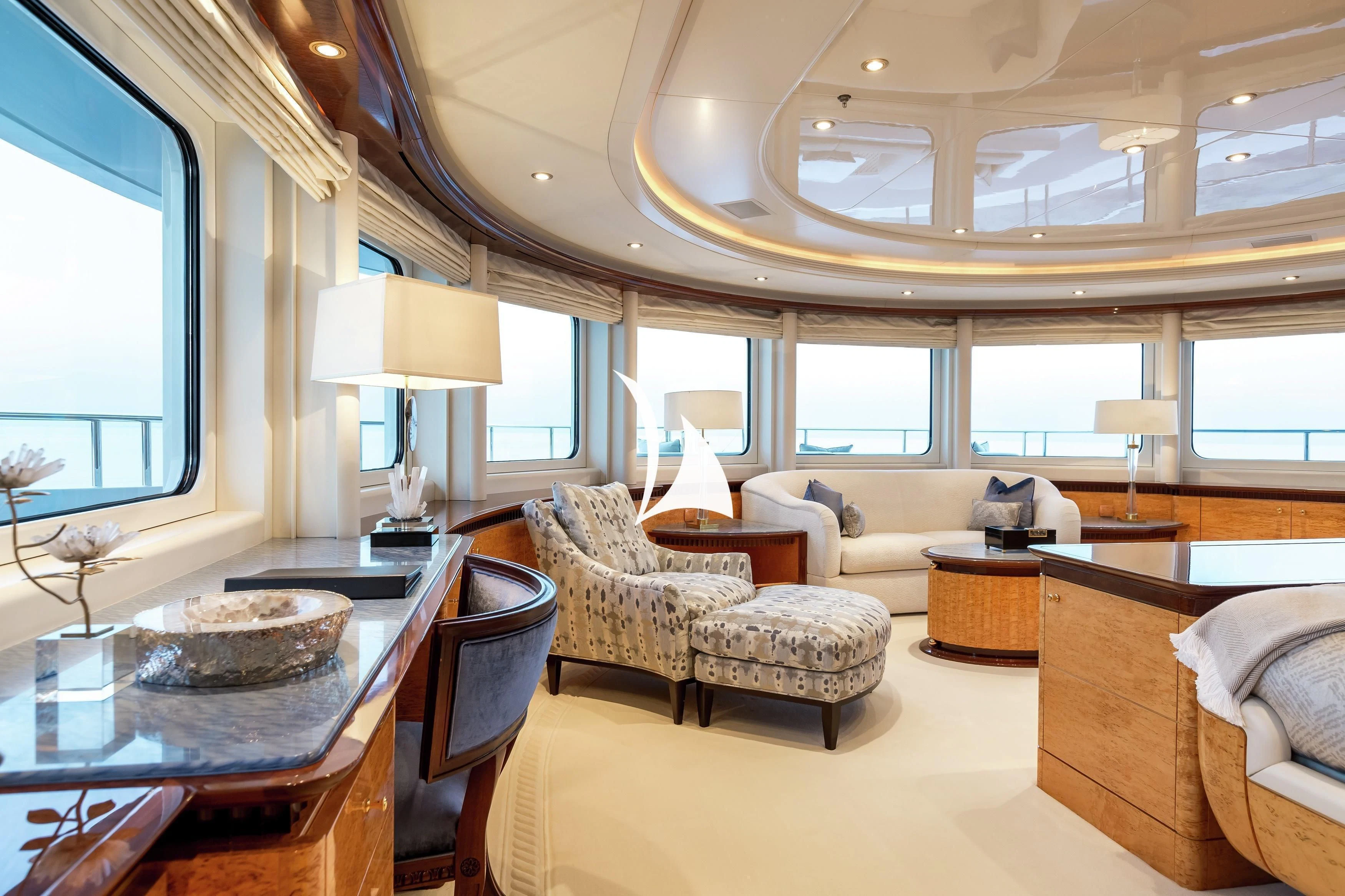 a living room with a large window aboard LUCKY LADY Yacht for Sale