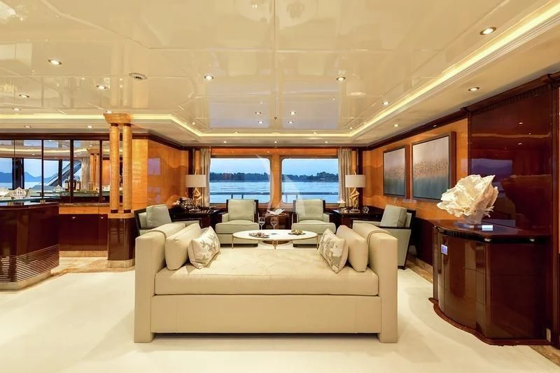 a living room with a large window aboard LUCKY LADY Yacht for Sale