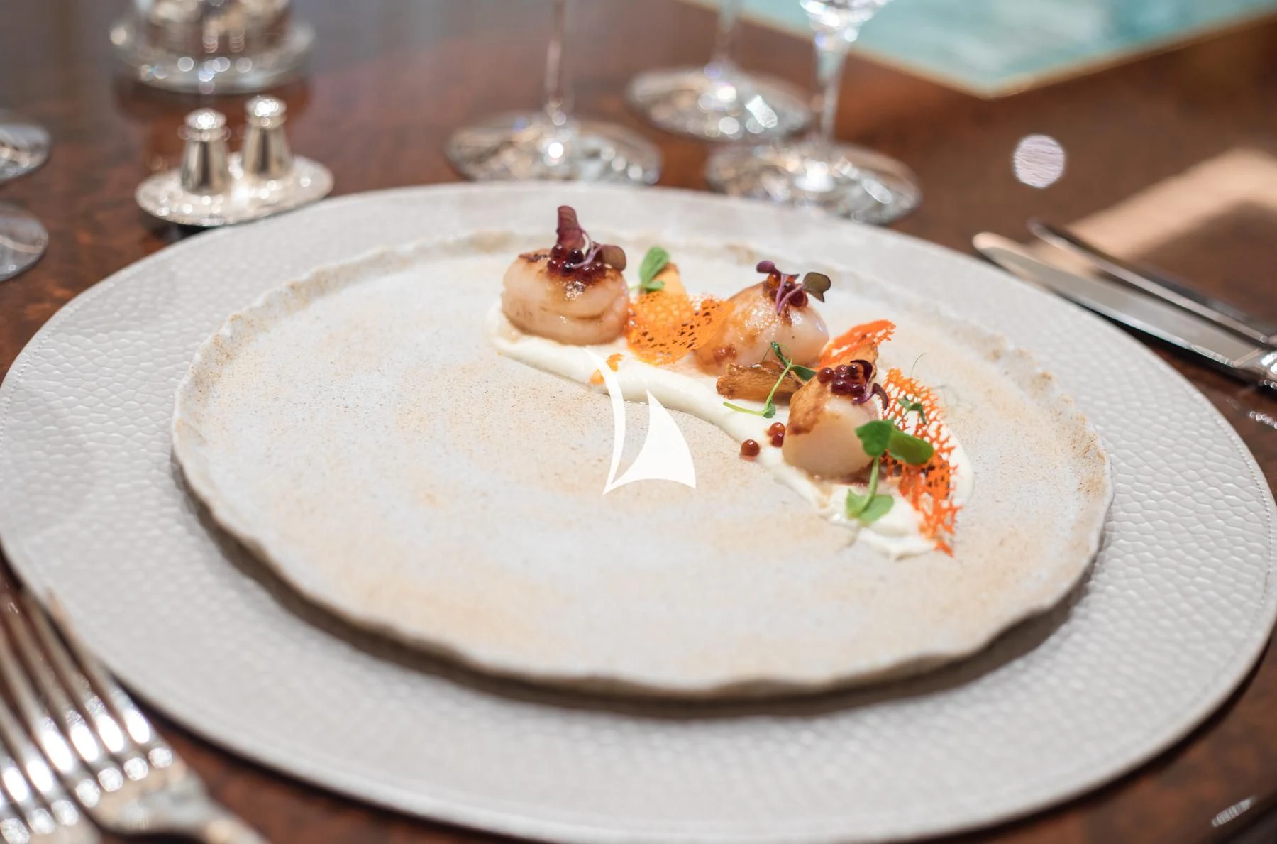 a plate with food on it aboard LUCKY LADY Yacht for Sale