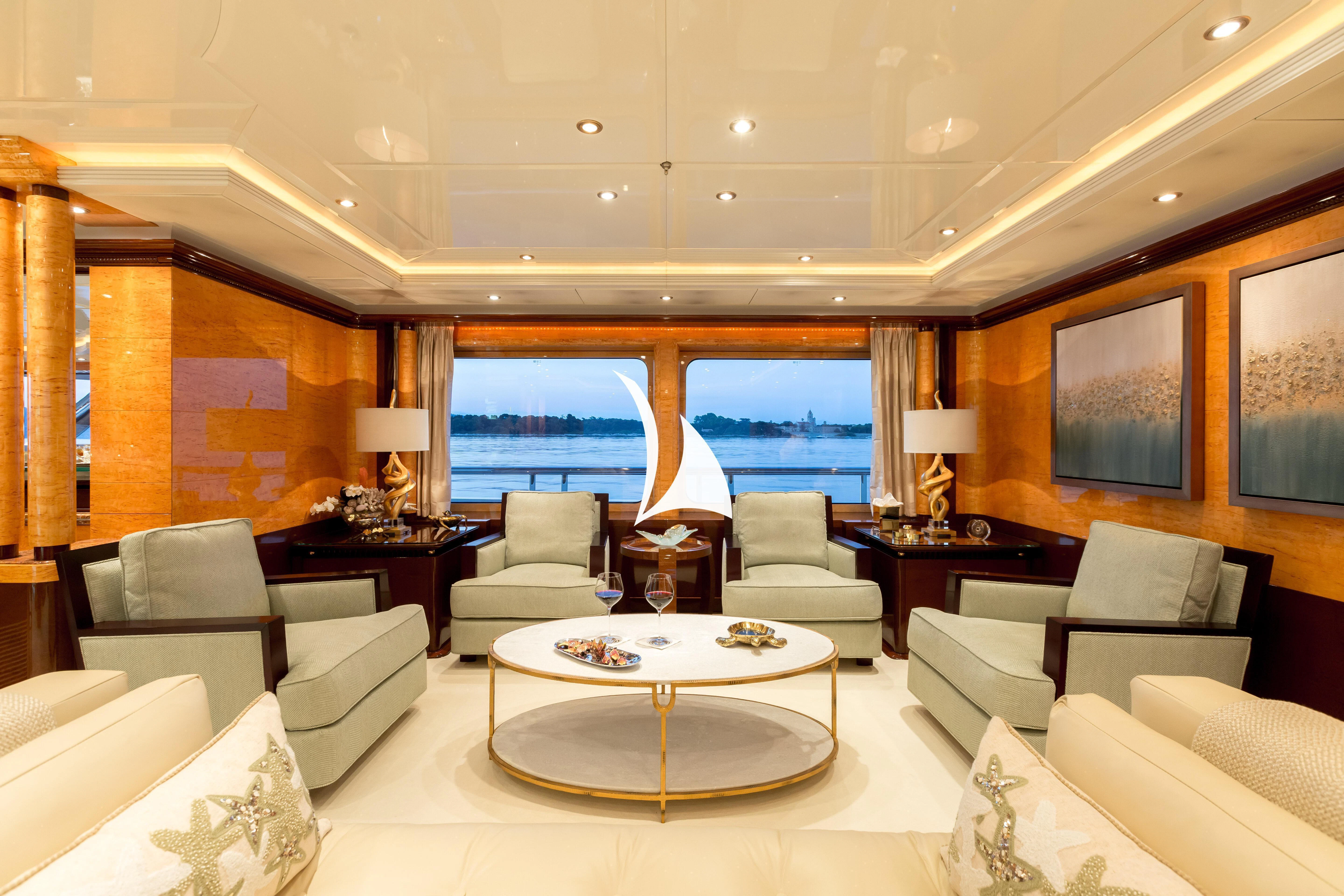 a living room with a large window aboard LUCKY LADY Yacht for Sale