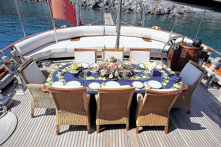 a table set for a dinner on a boat aboard AGANIPPE Yacht for Sale