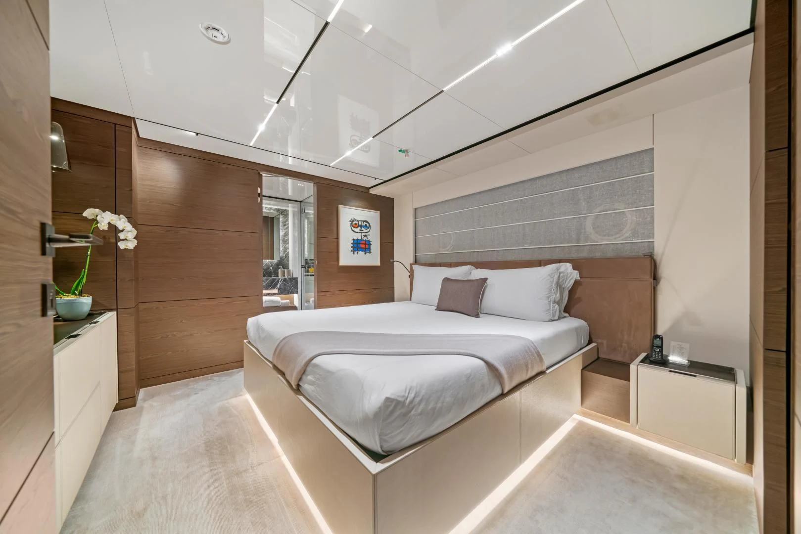 a bed in a room aboard ASANTE Yacht for Sale