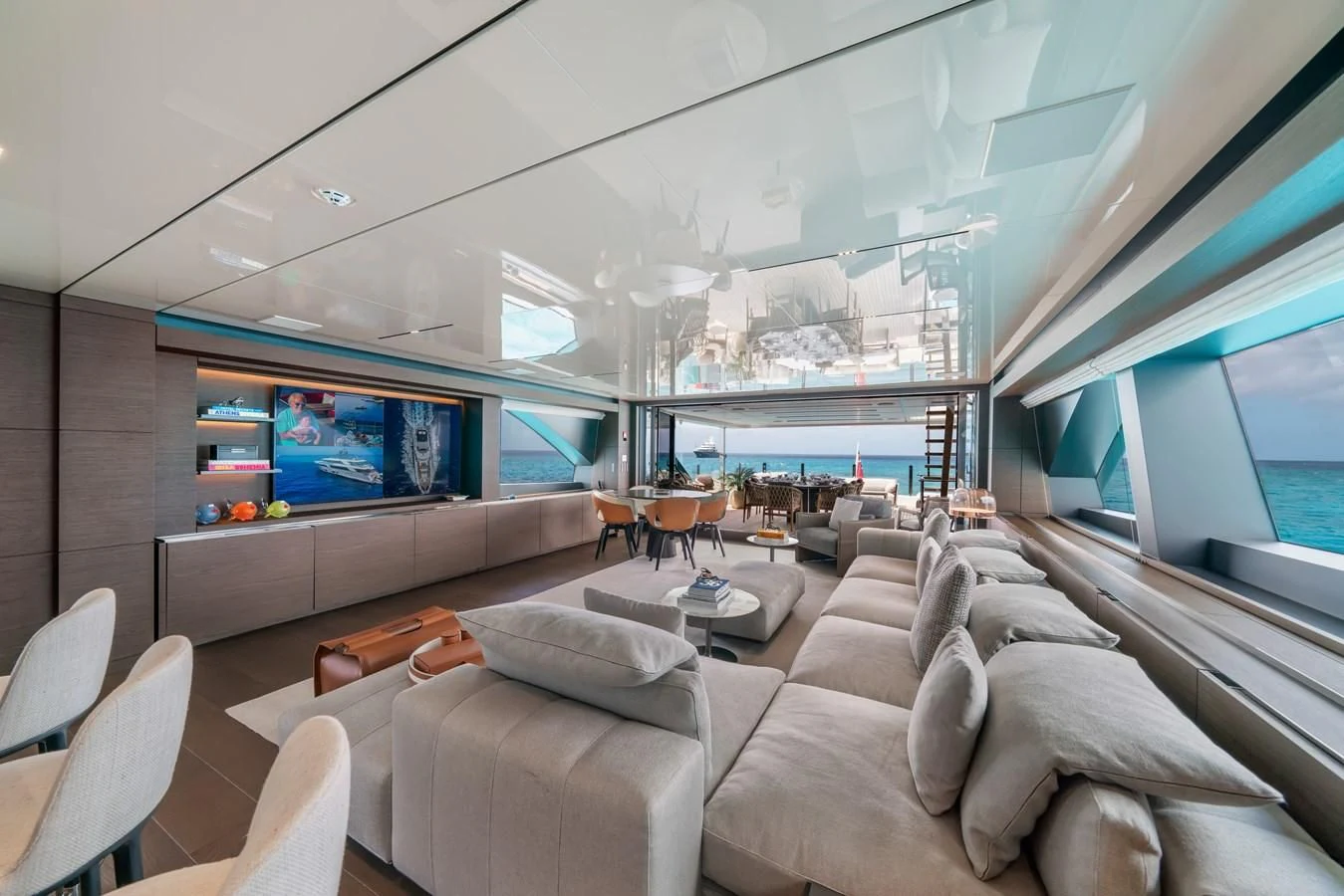 a living room with a large window aboard ASANTE Yacht for Sale